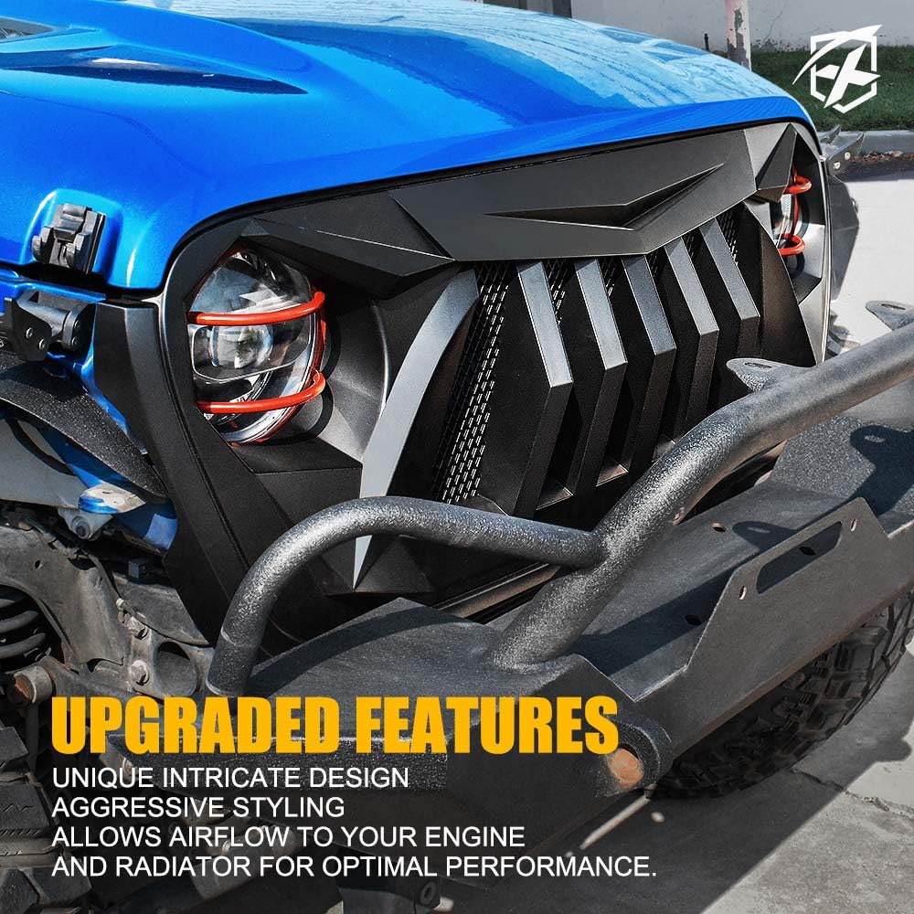 Xprite Matte Black Front Grille Grid Grill w/Mesh Compatible with 2018-2021 Jeep Wrangler JL JT - Black Widow Series
