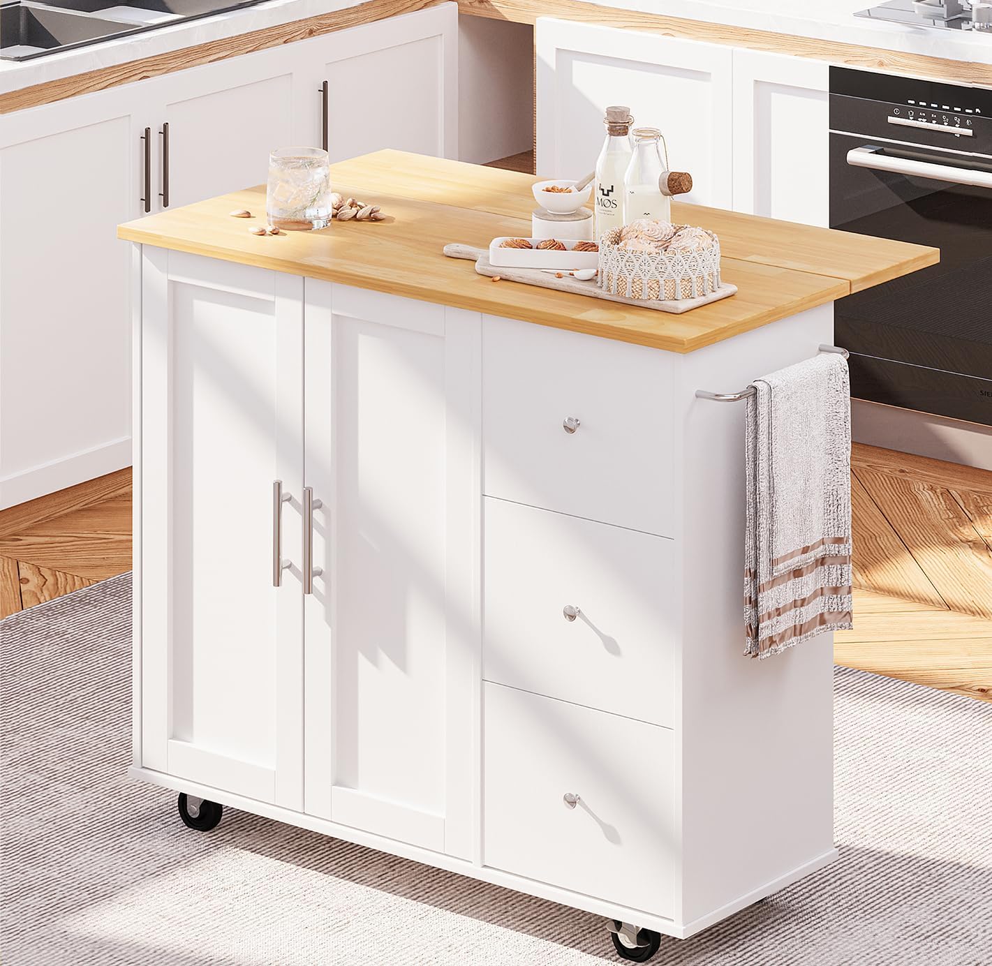 SUNLEI Kitchen Island with Storage Cabinet & Foldable Drop Leaf, Buffet Sideboard Cabinet, Cart Handle for Towel Rack, Drop Leaf, Portable Islands for Kitchen (Stylish White, 39.7-INCH)