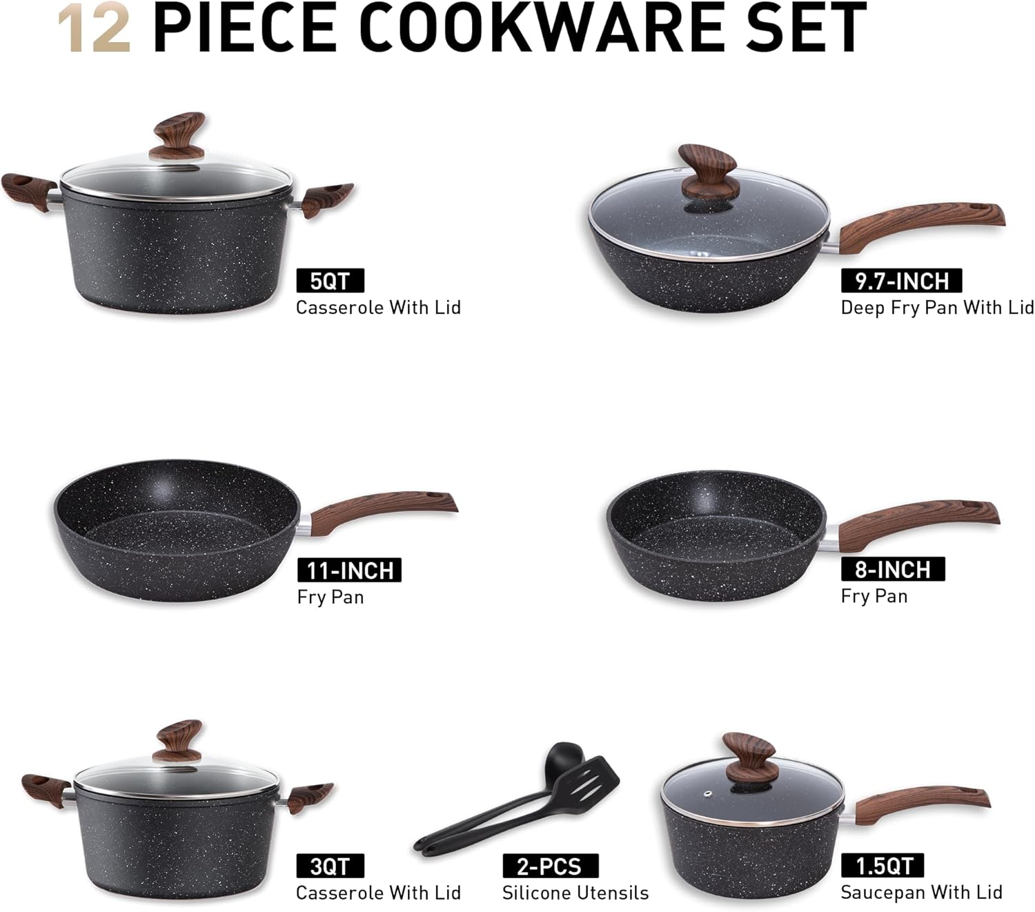 MAISON ARTS Pots and Pans Set Non Stick, 12 Piece Black Granite Kitchen Cookware Induction Compatible, Pot and Pan Sets for Cooking Nonstick