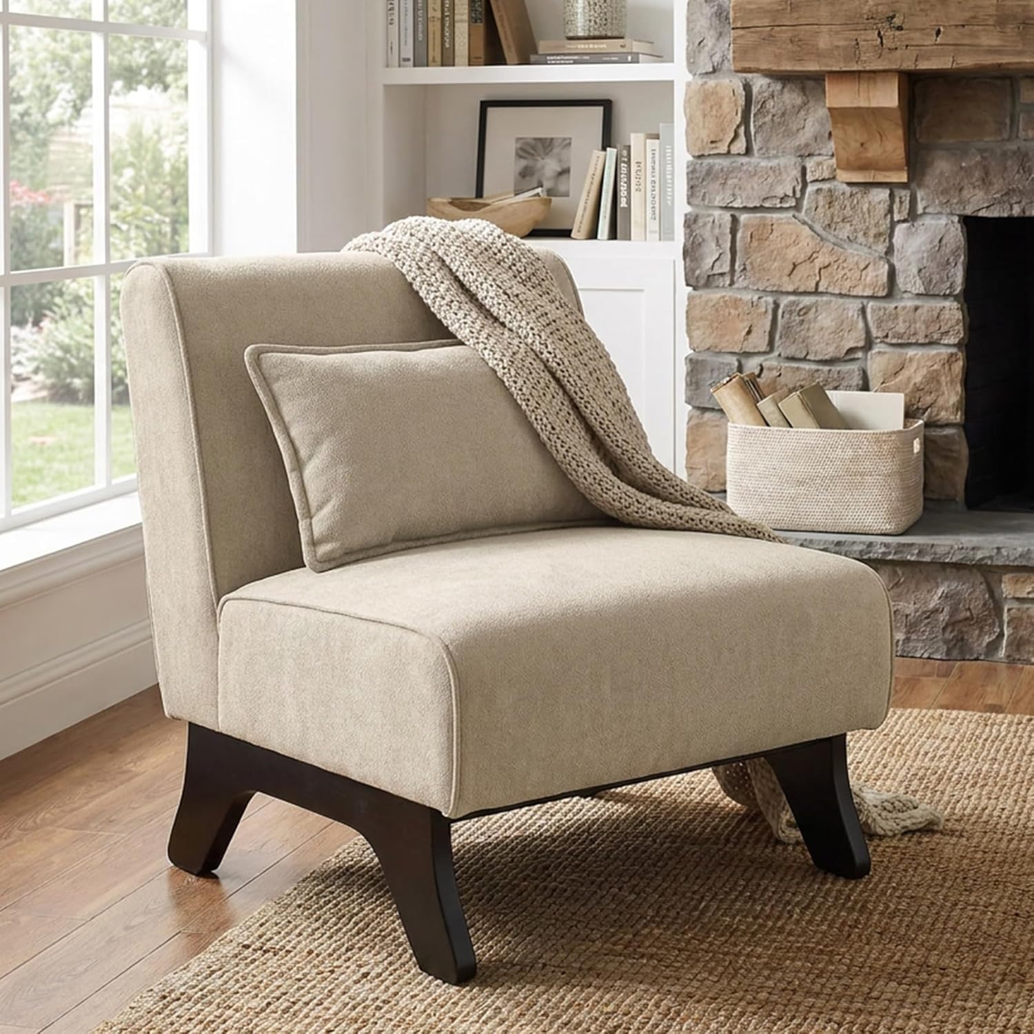 Upholstered Armless Accent Chair,Modern Comfy Living Room Chairs with Wooden Legs& Pillows,Lounge Sofa Side Chair for Bedroom Farmhouse Reading (1, Brown)