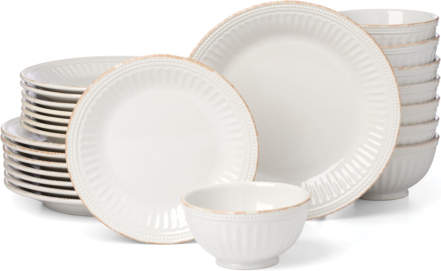 Lenox Dinnerware Sets, French Perle Groove White 24-Piece Dinnerware Set, Service For 8, Stoneware, Dishwasher Safe, Microwave Safe, Bowls, Plates And Bowls, Dinner Dishes, Plates (White, 24 Piece)