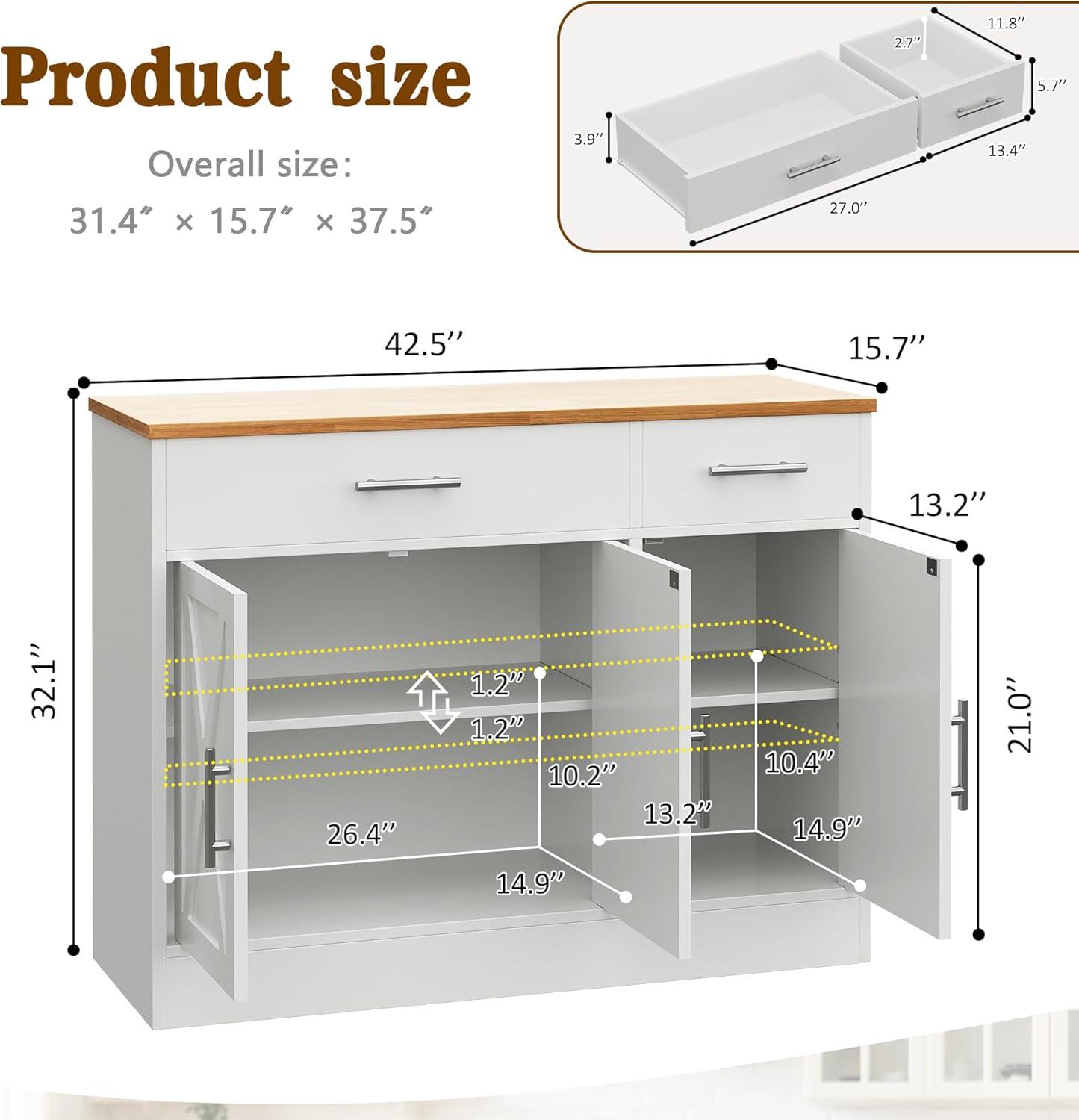 Vongrasig Coffee Bar Cabinet, Farmhouse Sideboard Buffet Cabinet with Storage, Coffee Bar with Drawers and Shelves, Wood Buffet Table for Kitchen, Dining Room, White