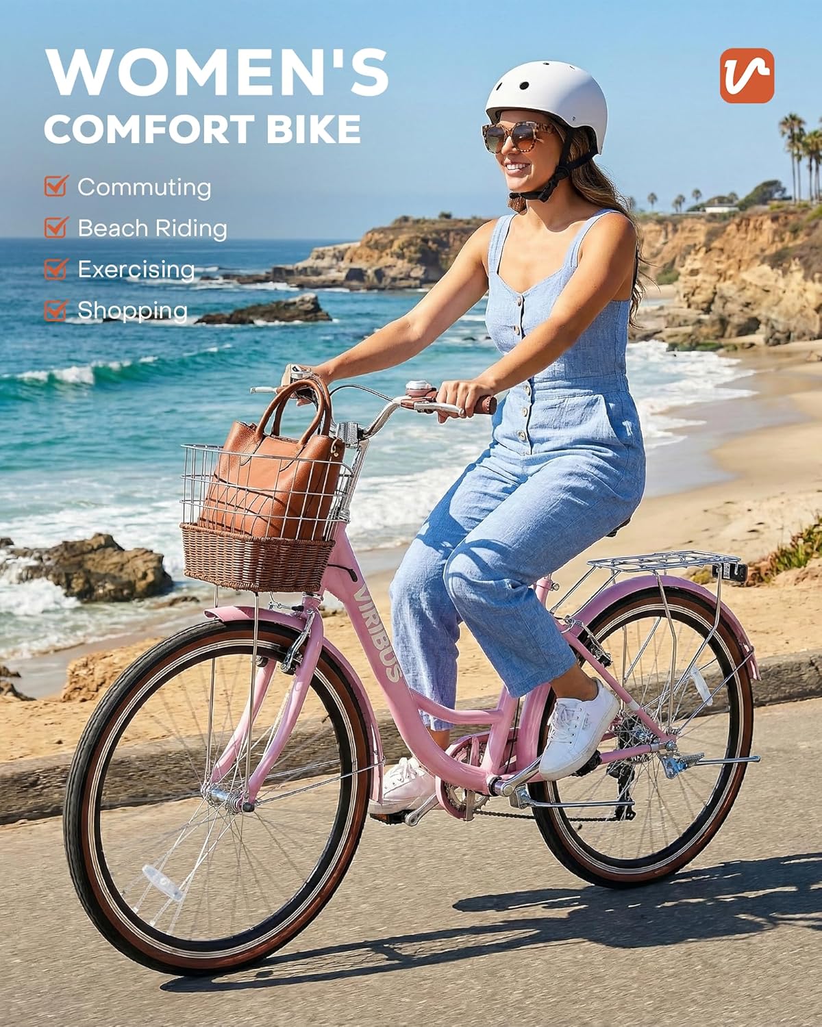 VIRIBUS Womens Cruiser Bike, 7 Speed Beach Cruiser Bike for Women, 26 inch Women Bicycle with Rattan Basket, City Commuter Vintage Retro Step Through Bicycle for Female Ladies Seniors, 330 Lb.
