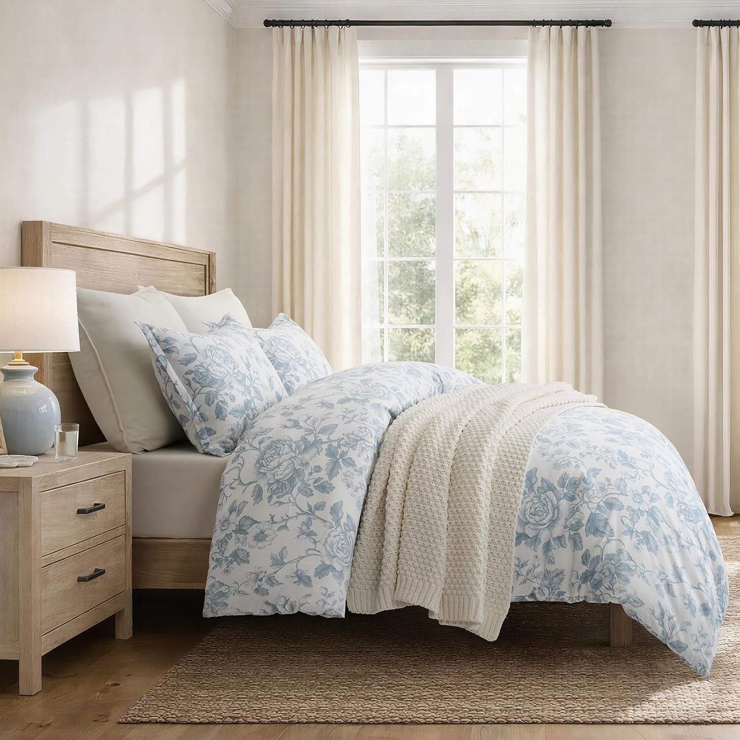 EverGrace 100% Cotton Sateen Duvet Cover Set Queen Size, 3 Piece Floral Toile Bedding Set, Pre-Washed Soft & Breathable, Button Closure with 2 Pillow Shams, Blue Linen, 90