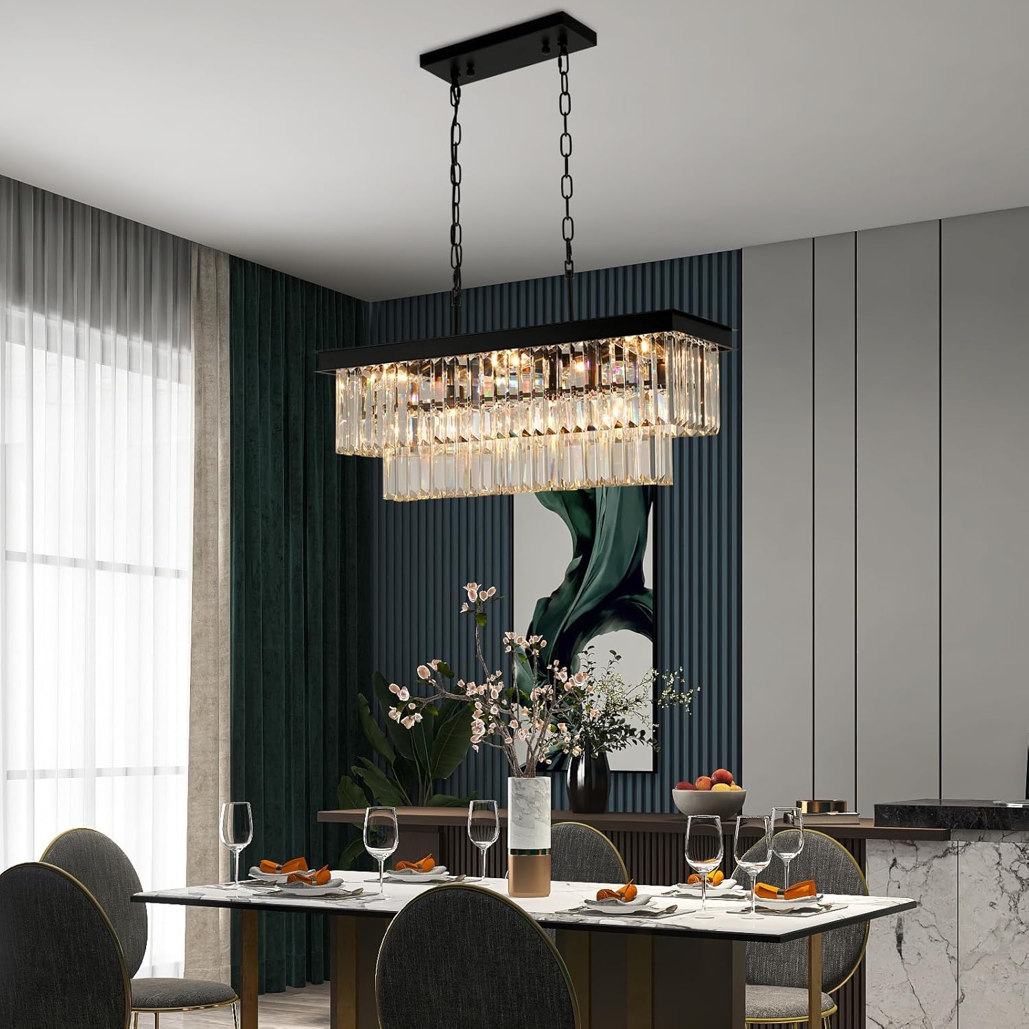 Weesalife Black Crystal Chandeliers for Dining Room Light Fixtures Over Table .9-Lights Modern Rectangle Chandeliers for Kitchen Island Bar L28 Inch