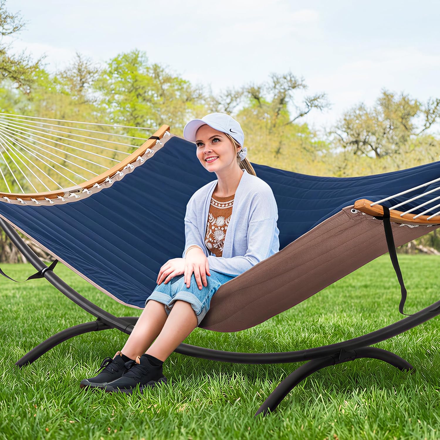 SUNCREAT Hammocks for Outside with Stand, Porch Hammock and Stand, 475 lbs Capacity, Patent Pending, Navy