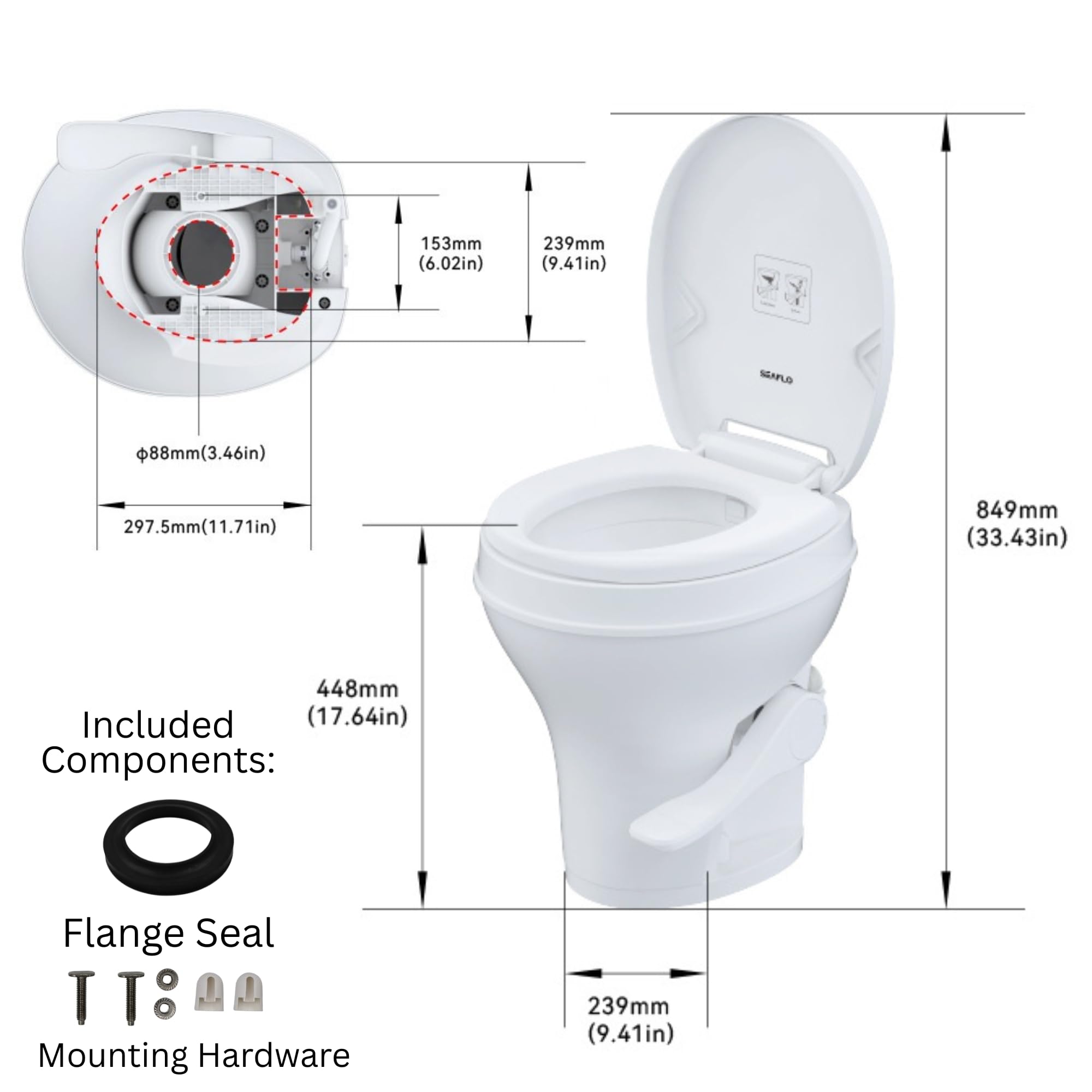 SEAFLO RV Toilet - Residential Height, Gravity Flush, Soft Close