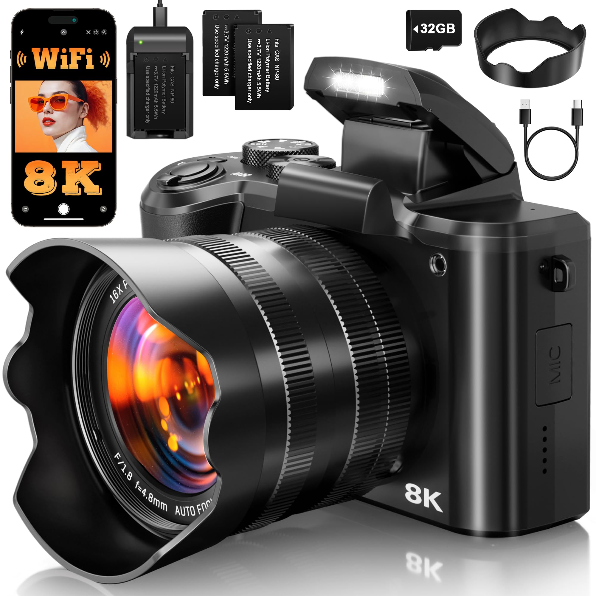 XNSIAKXA 8K Professional Digital Camera with 16X Zoom & WiFi