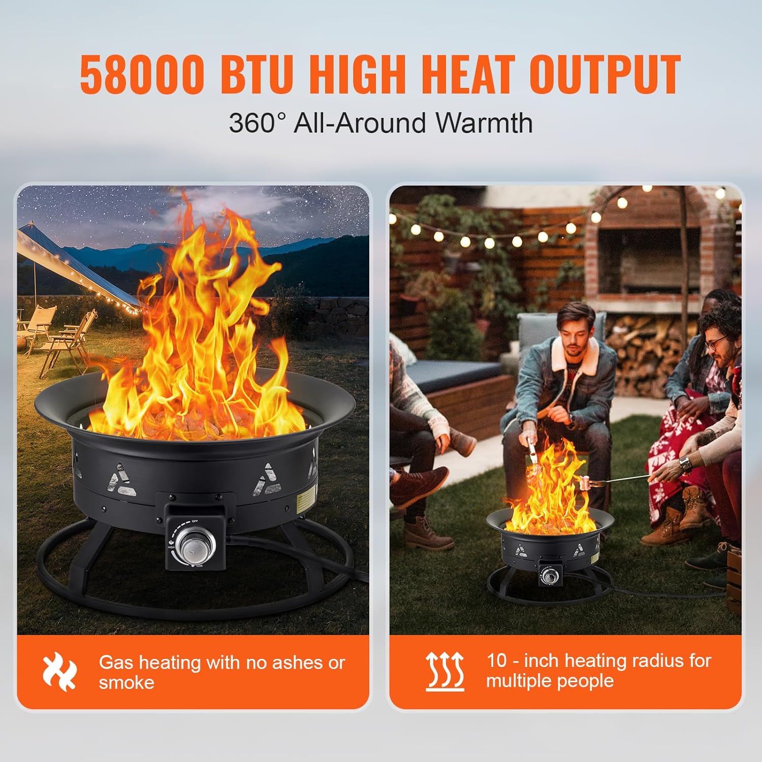 VEVOR Portable Propane Fire Pit, 24-Inch Diameter Outdoor Gas Fire Pit with Cover & Lava Rocks, Adjustable Flame Height Camping Firepit for Heating, Lighting, Gathering, 58,000 BTU, Black