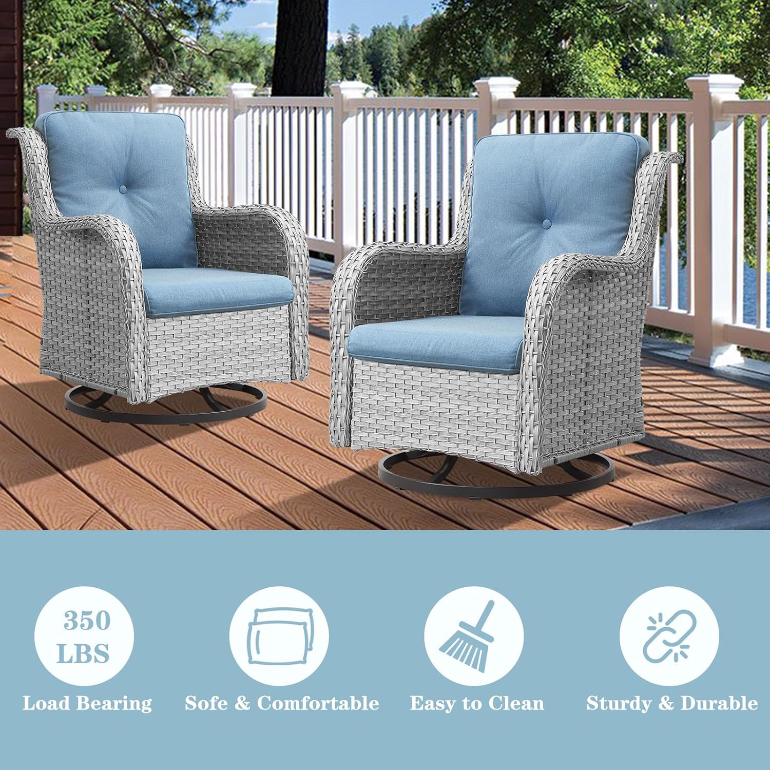 Wicker Swivel Patio Chairs - 2 PCS Outdoor Swivel Rocker Armchairs, Patio Glider Seating with High Back Deep Seat for Porch Deck Balcony, Light Grey/Baby Blue