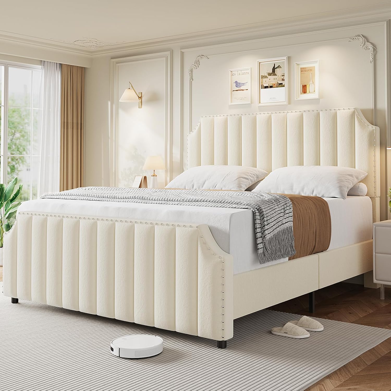 GarveeHome Queen Size Velvet Bed Frame, 50.2 in Tall Headboard & Footboard, Upholstered Platform Queen Bed Frame with Nailhead Trim, No Box Spring Needed, Noise Free, Solid Wooden Slats, Beige