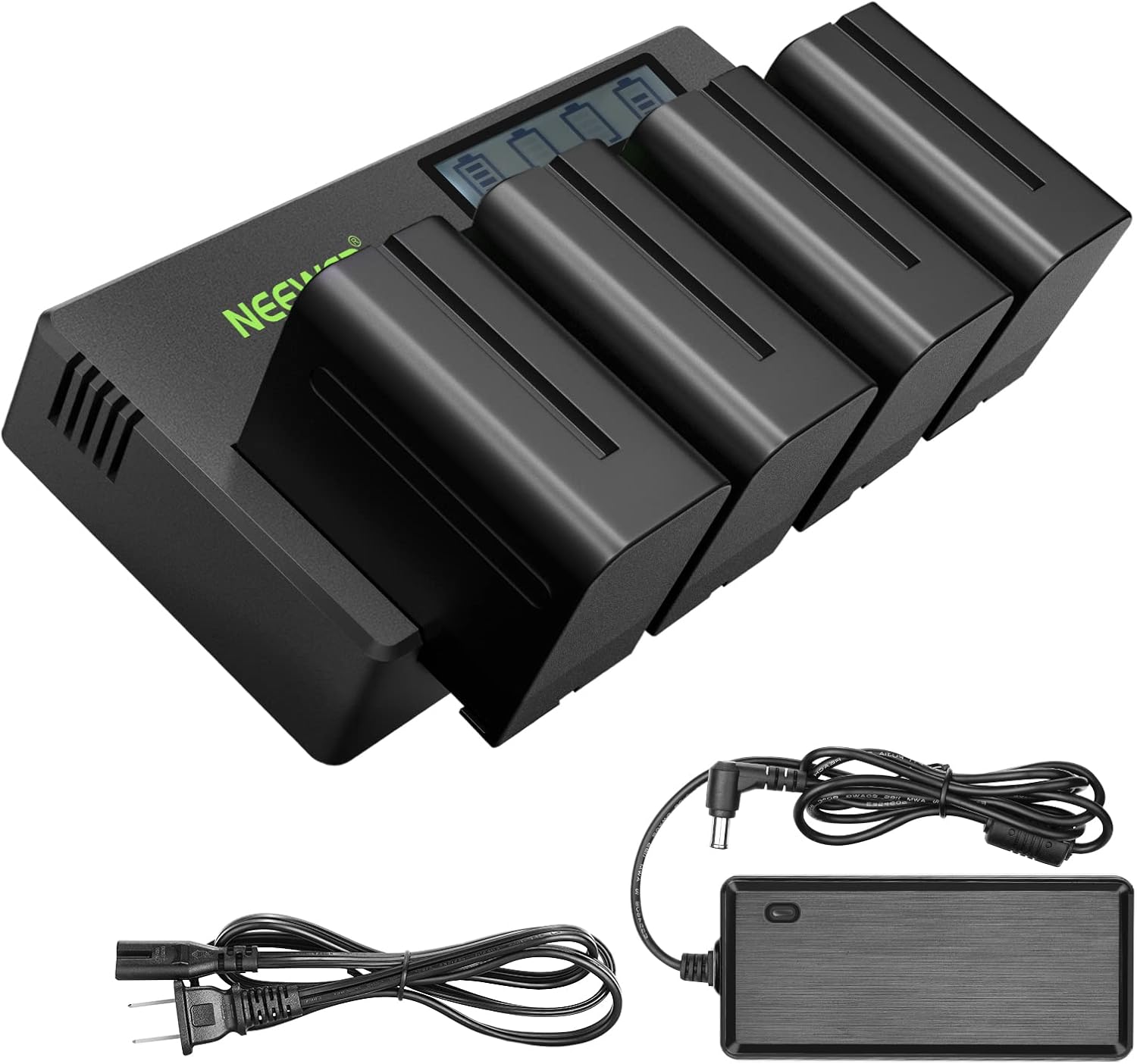 Neewer 4-Pack 7.4V 6600mAh NP-F970 Replacement Batteries with 4-Channel Battery Charger & Power Adapter, Compatible with NP-F550/750/770/970 FM500H QM71D QM91D, Field Monitor, Video Light