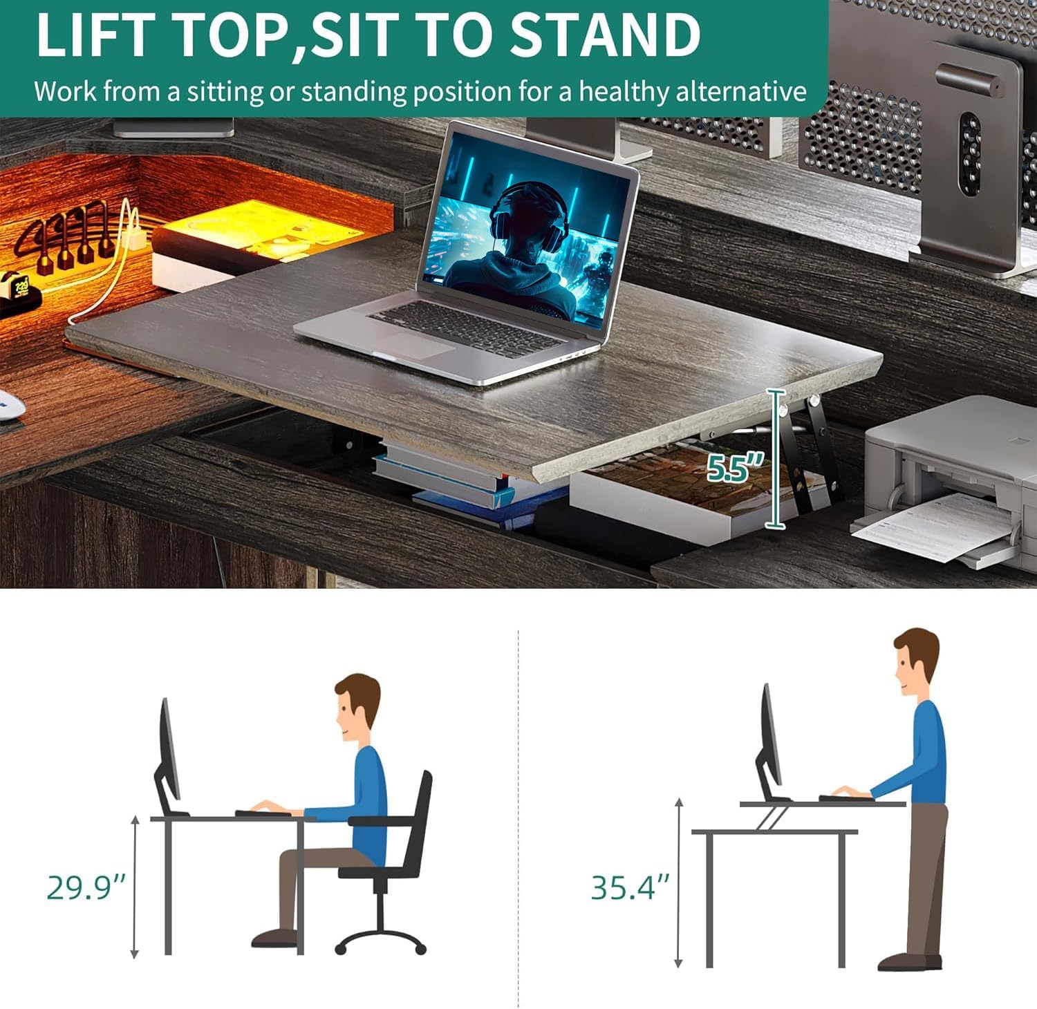 YITAHOME L Shaped Desk with Power Outlets & LED Lights, 60