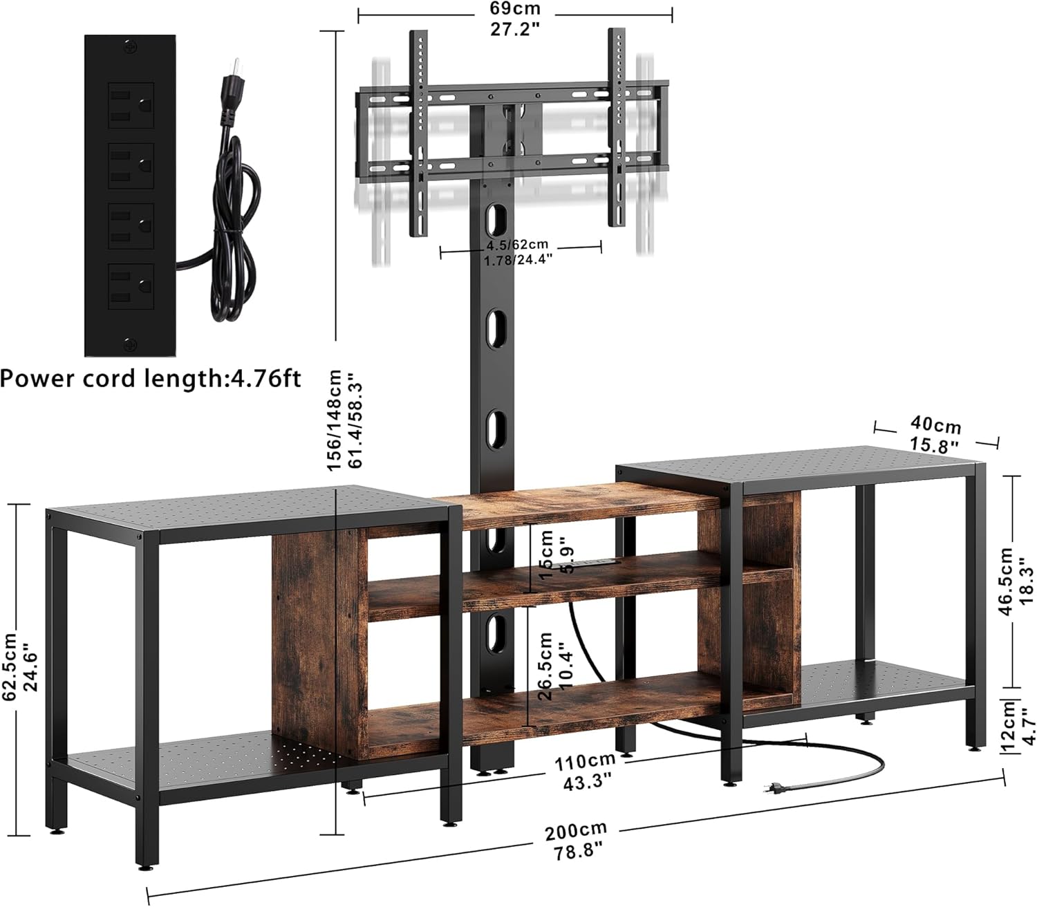 IRONCK 79 Inch TV Stand for TVs up to 85 Inch with Mount and Power Outlet, 3 Tiers TV Console with Storage Shelves, Entertainment Center, Steel Frame, for Living Room, Bedroom, Vintage Brown