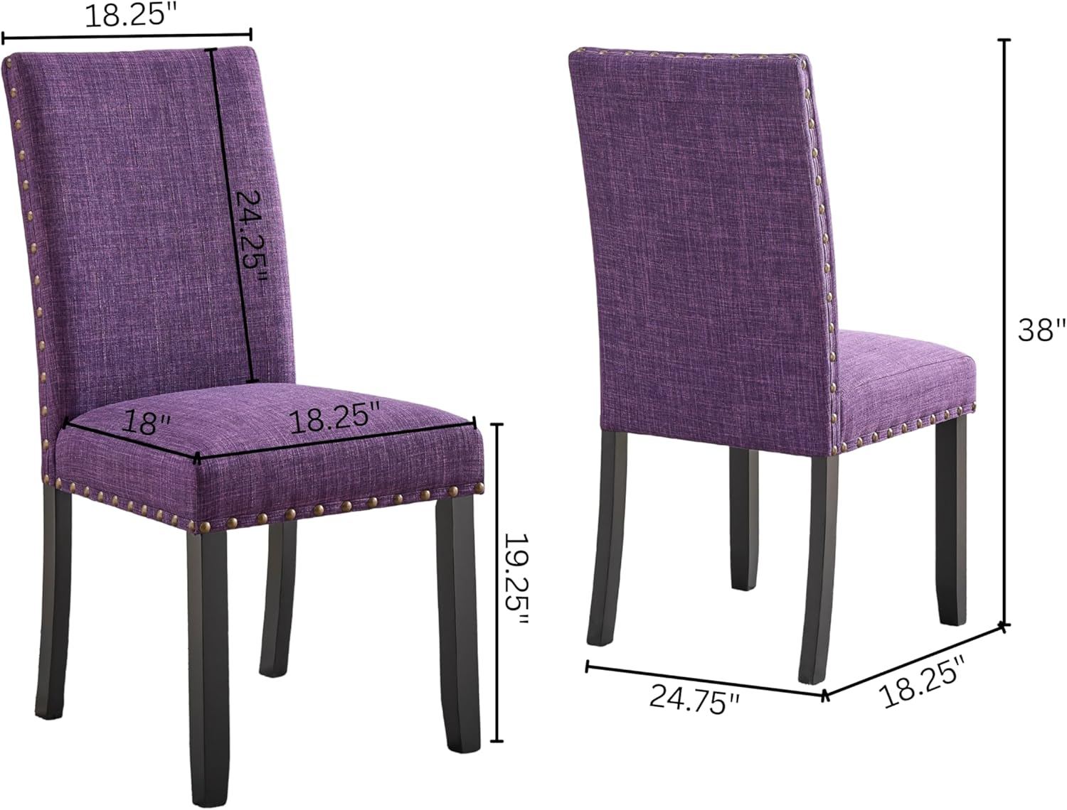 Roundhill Furniture Biony Fabric Dining Chairs with Nailhead Trim, Set of 2, Purple