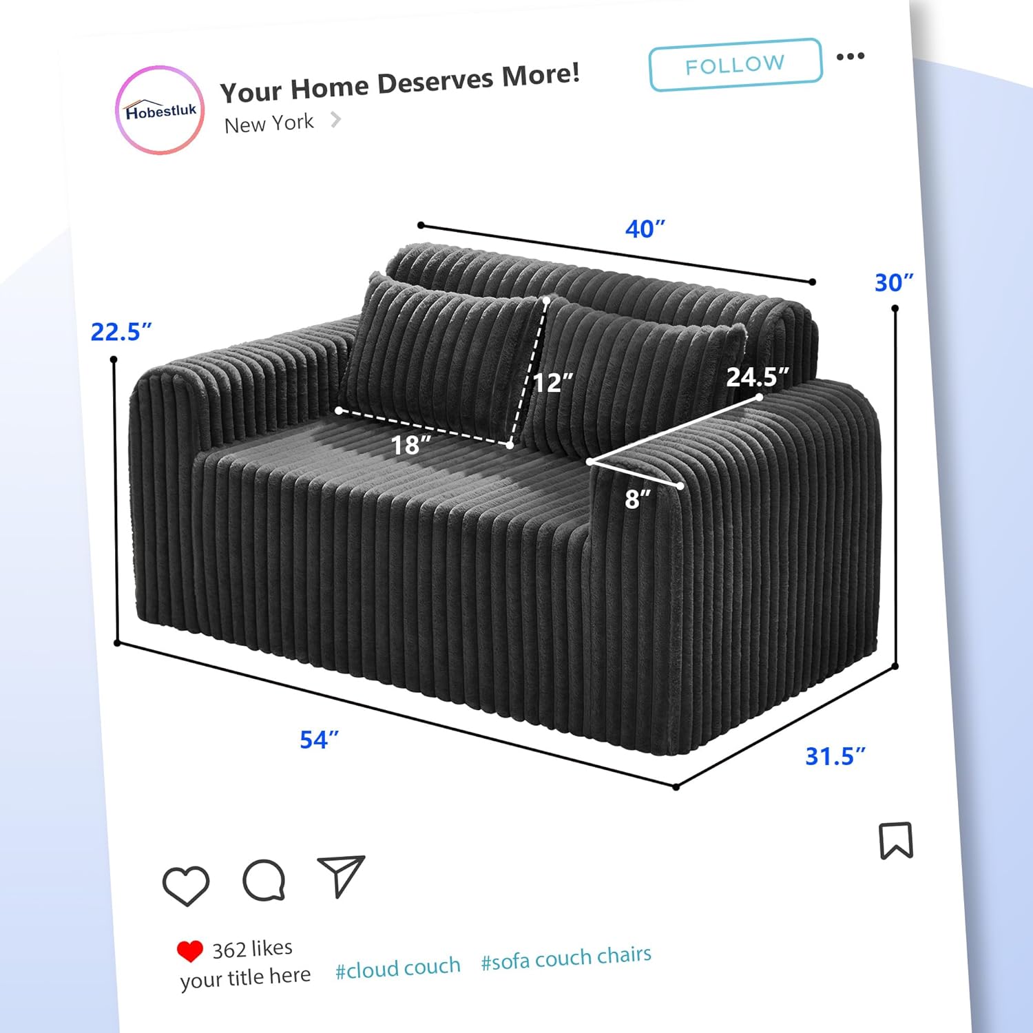 Hobestluk Couch Sofa 2-Seater Foam Sofa Loveseat for Small Spaces Comfy Sofas with Removable Cover Furry Couch with Pillows for Living Room, Bedroom, Apartment, Office (Black, Loveseat)