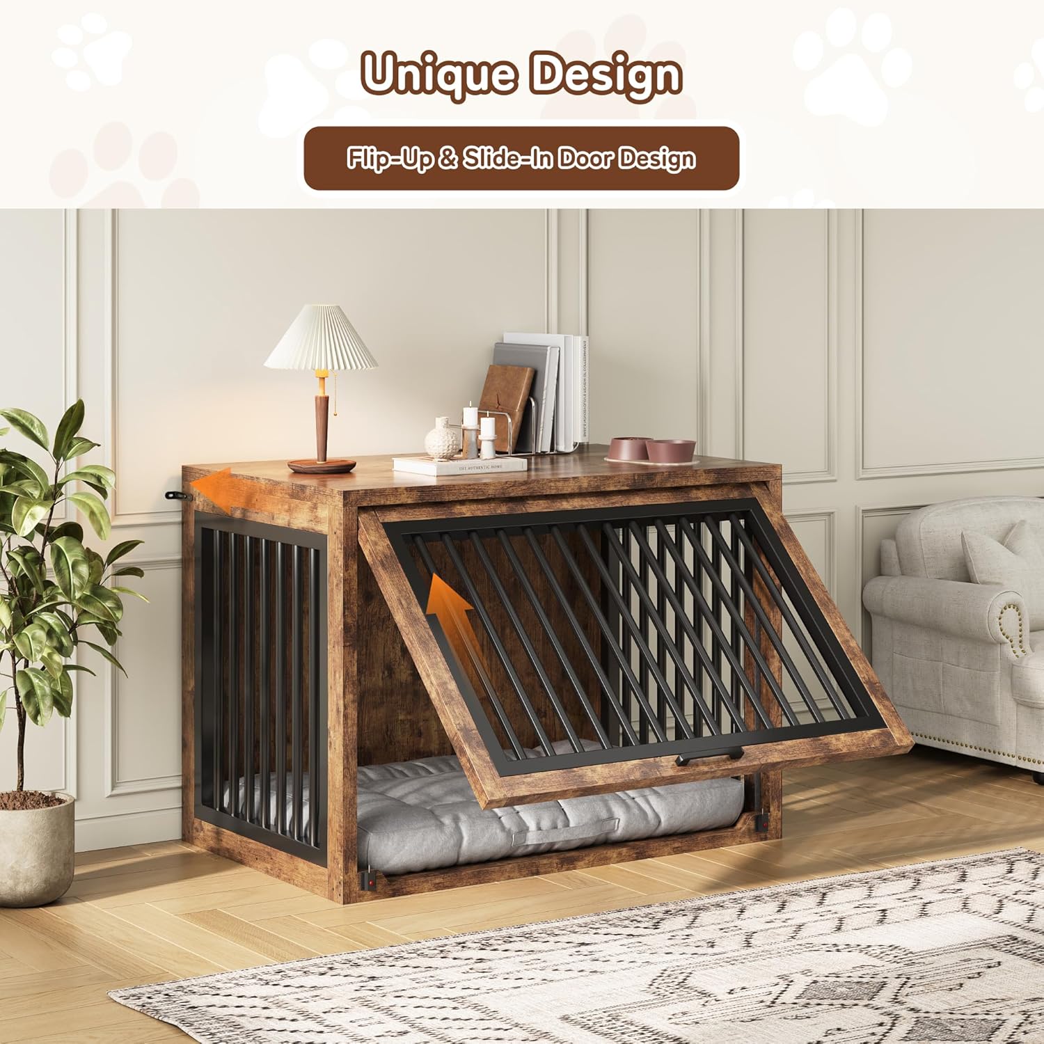 Jocoevol Dog Crate Furniture - 42'' Wooden Dog Kennel for Large Dogs up to 80 lb, Large Dog Crate with Hidden Sliding Door, Heavy Duty Dog Cage with Safety Latch and Quiet Pads, Rustic Brown