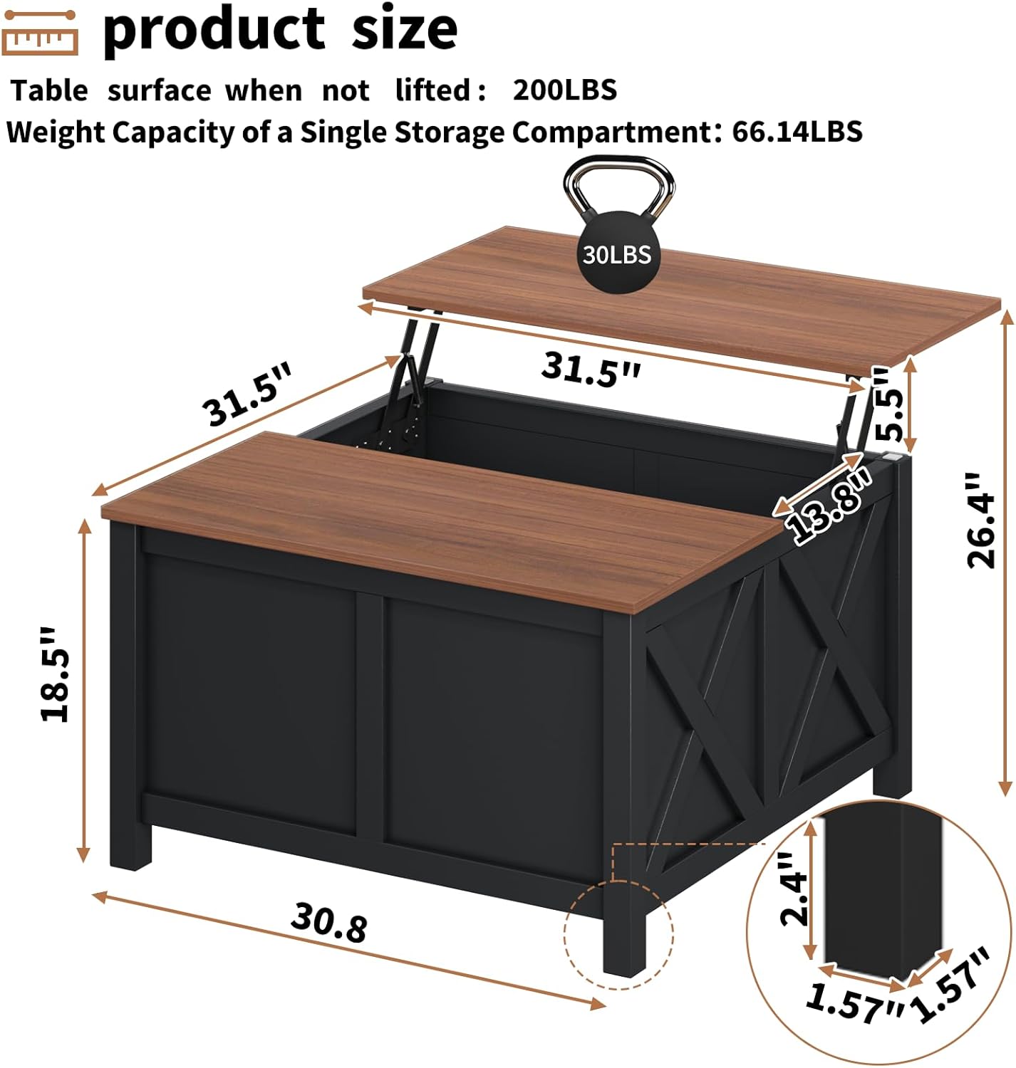 Lift Top Coffee Table with Storage, 31.5