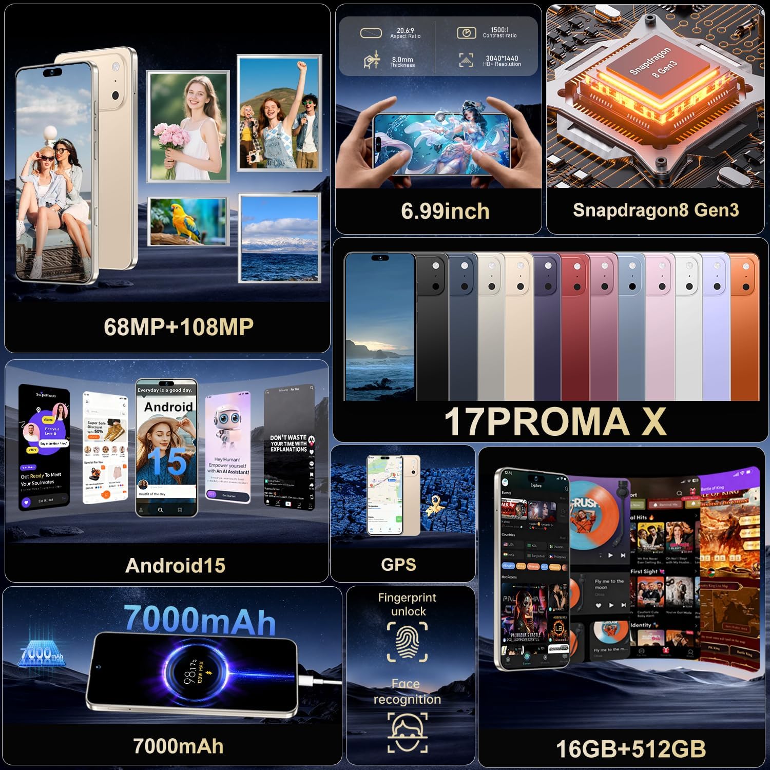 Ecshock 17PM Unlocked Phone | Cell Phone Android 15.0 | 16+512GB Smartphone| 6.99