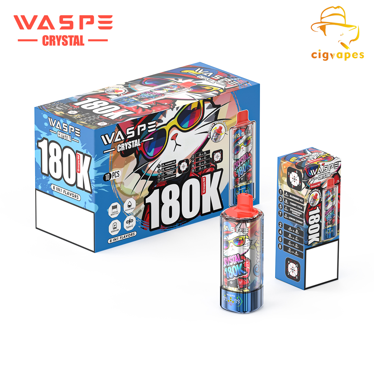 EU Warehouse Waspe Crystal 180k 8 In 1 Puffs 180000 Disposable Vapes Fruit Ice Combos