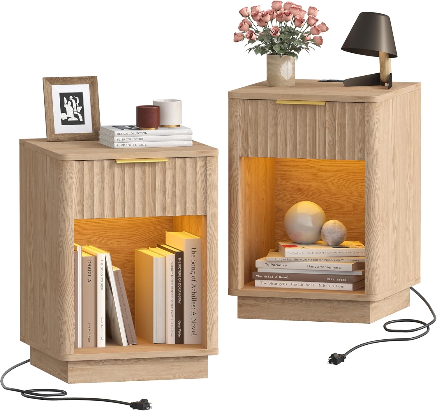 Akxomel Fluted Nightstands Set of 2, Wooden Night Stand with Charging Station and LED Light, Modern Mid Century Bed Side End Table with Drawer, 15