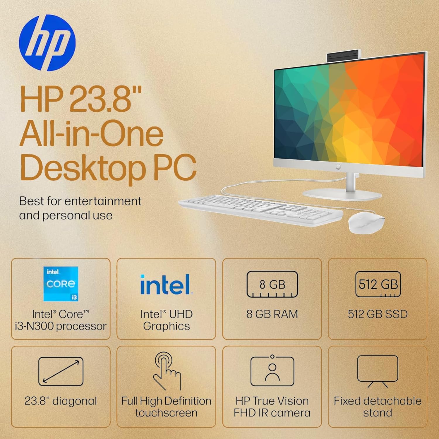 HP 24 inch All-in-One Desktop Computer, FHD IPS Display, Touch Screen, Intel Core i3, 8GB DDR4, 512GB SSD, Intel UHD Graphics, HDMI, USB-C/A, RJ45, Keyboard & Mouse, Anti-Glare, WiFi6, Win 11 Pro