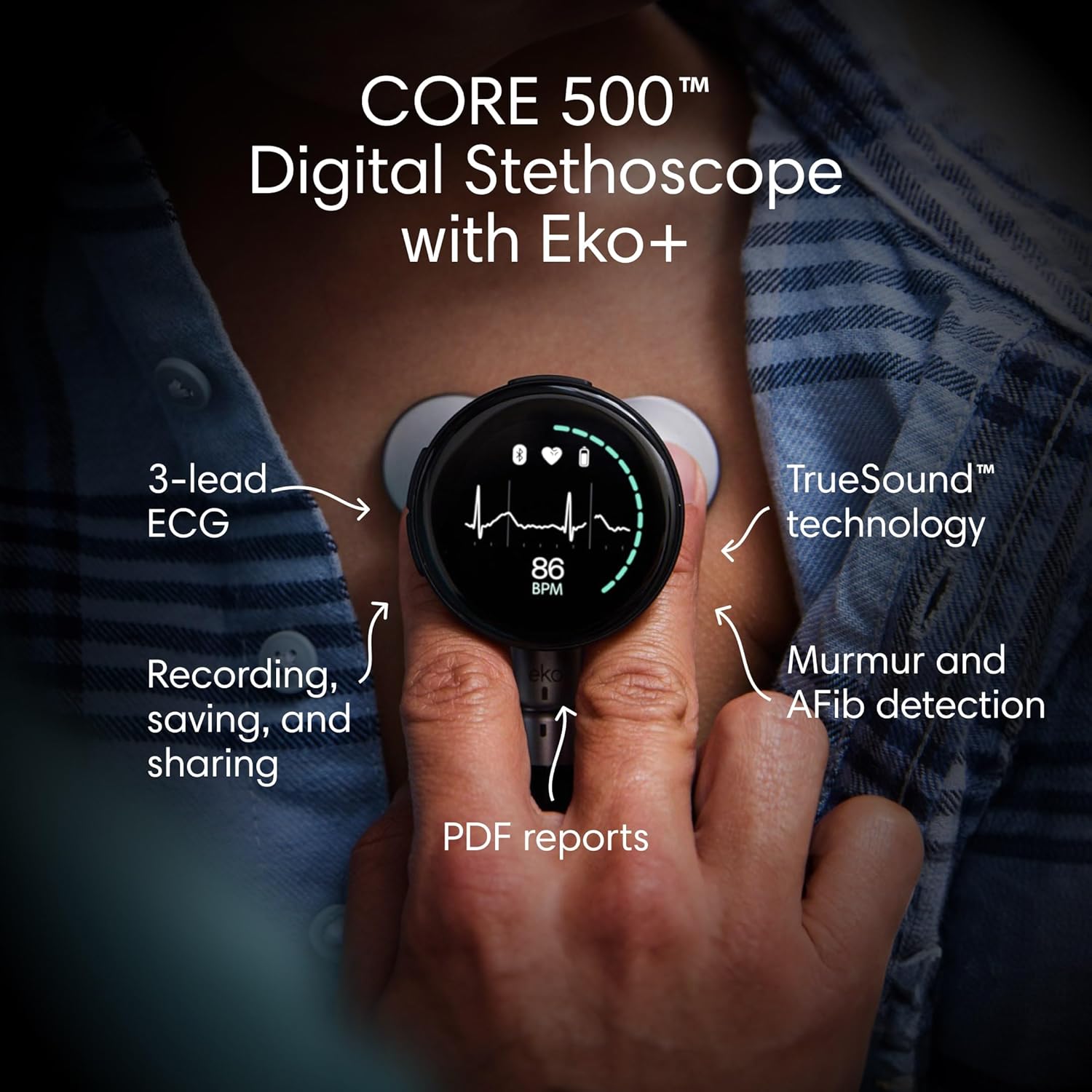 Eko CORE 500™ Digital Stethoscope — 40x Amplification, Active Noise Cancellation, 3-Lead ECG, FDA-Cleared AI with Eko+, Full-Color Display, Reimbursement Eligible — Silver, COR503-SLV