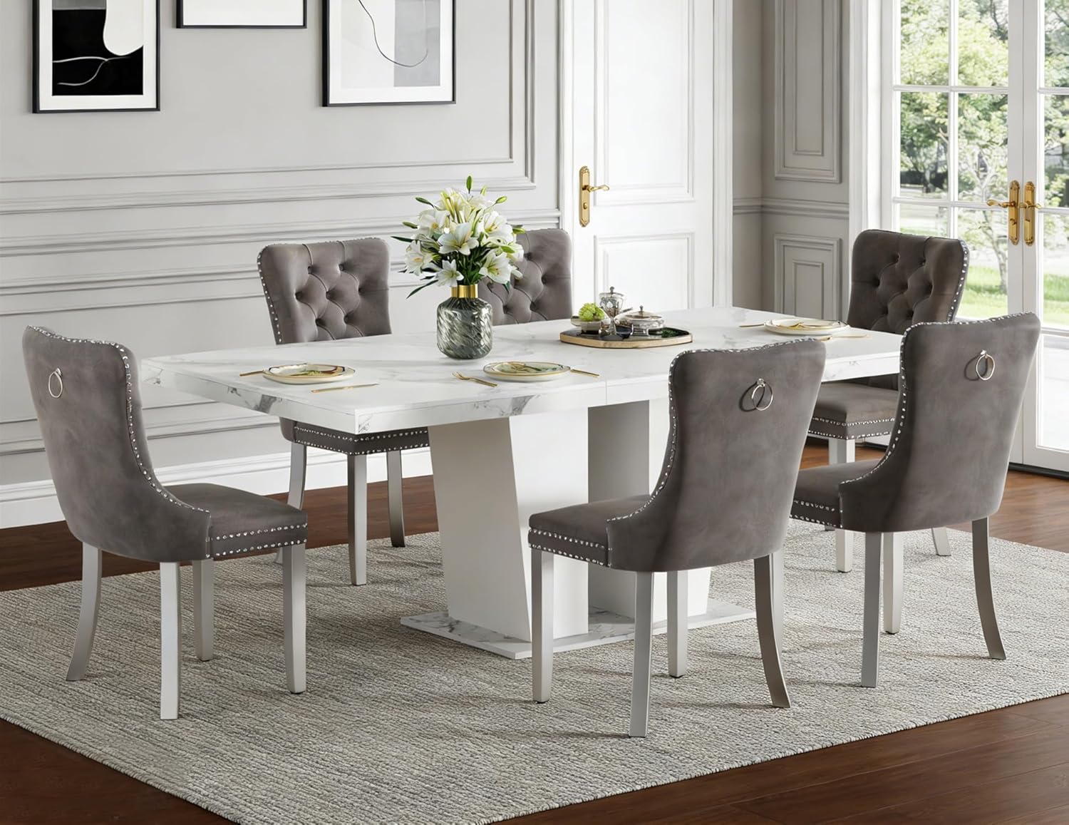 Henf 7 Pieces Faux Marble Dining Table Set for 6, 63
