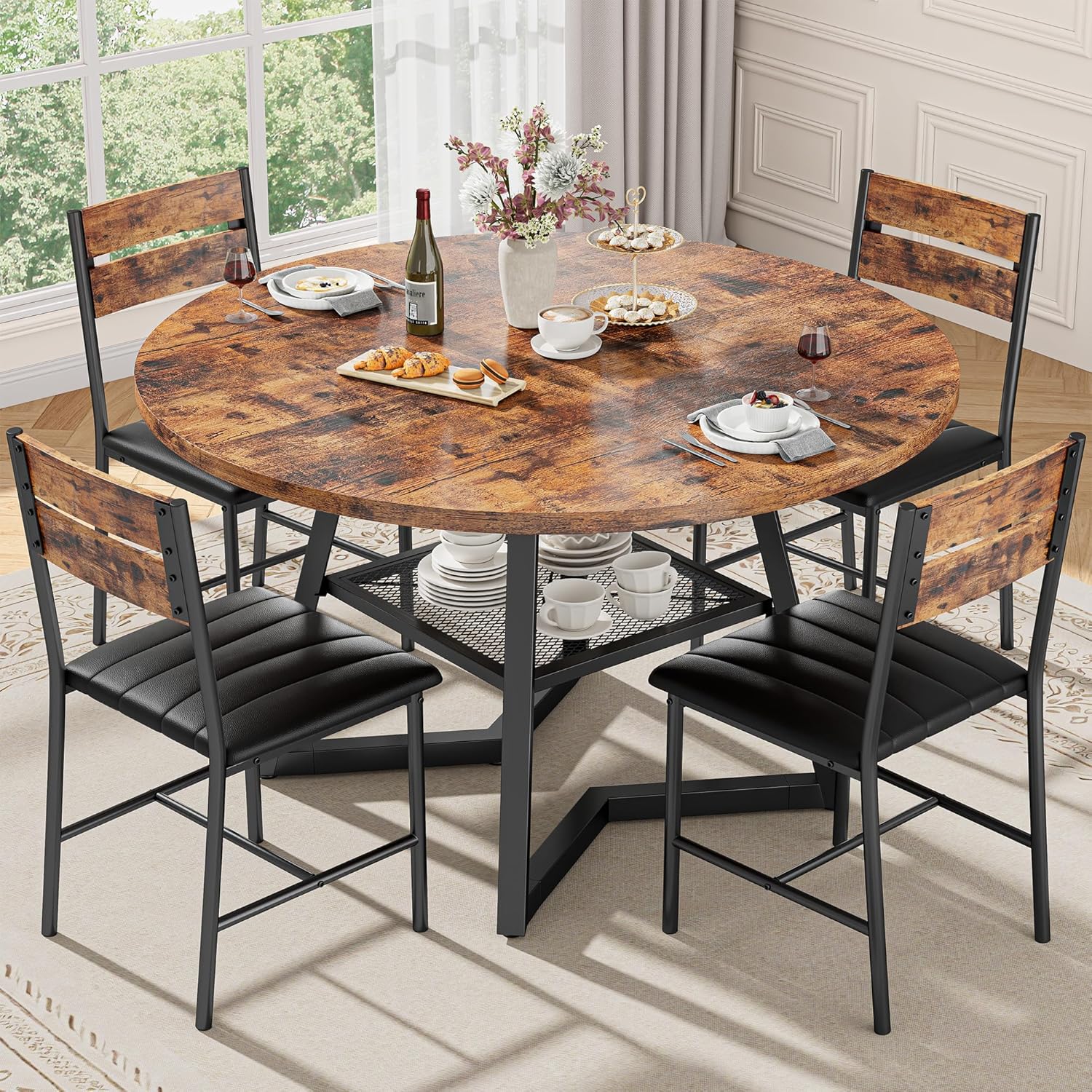 IRONCK Round Dining Table Set for 4, 47.2'' Kitchen Table with 4 PU Leather Upholstered Chairs, Dining Room Table Set with Large Storage Shelf, 5 Piece Kitchen Table and Chairs, Rustic Brown