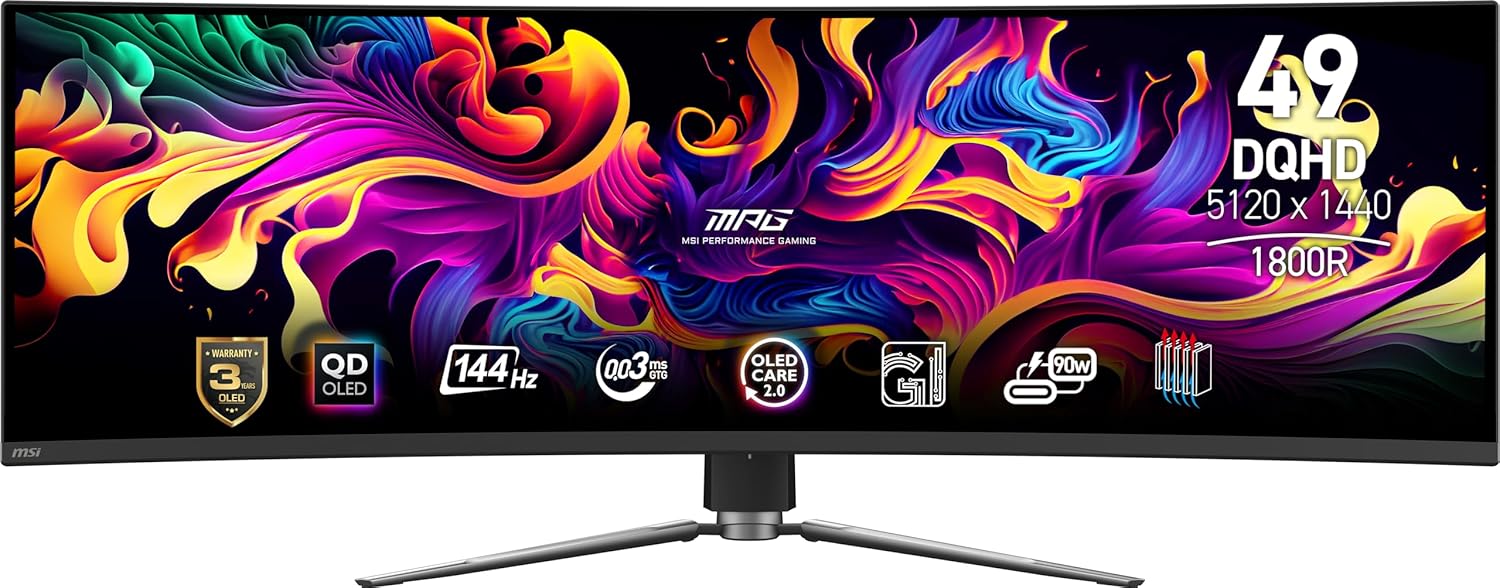msi MPG 491CQP QD-OLED, 49 Curved OLED Gaming Monitor, 5120 x 1440 (DQHD), FreeSync Premium Pro, 0.03ms Response time, 144Hz, True Black HDR 400, HDMI, DP Port, USB Type C, Tilt, Height