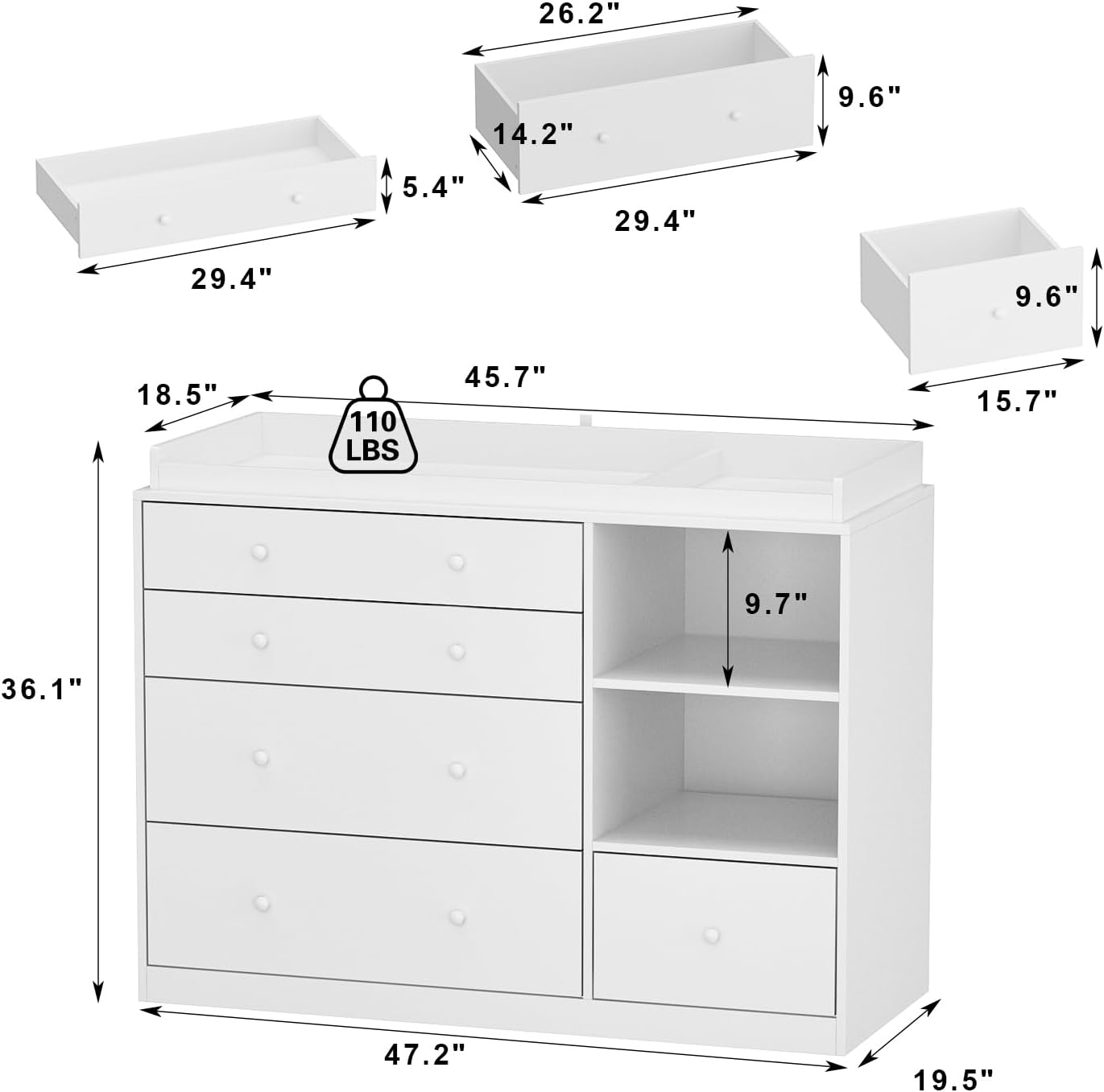 Nursery Dresser with Baby Changing Table, Diaper Changing Tables for Nursery with 5 Drawers & Shelves, Changing Station Nursery Organizer for Bedroom, White (47.6