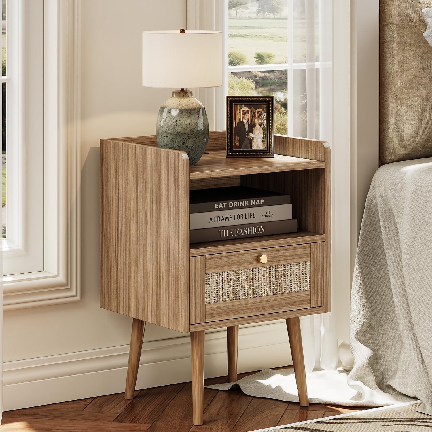 MECHYIN Night Stand Set 2, Nightstands Set of 2 with Charging Station, Rattan Side Tables with Solid Wood Legs, Boho Bedside End Table for Apartment Bedroom Dorm Small Space