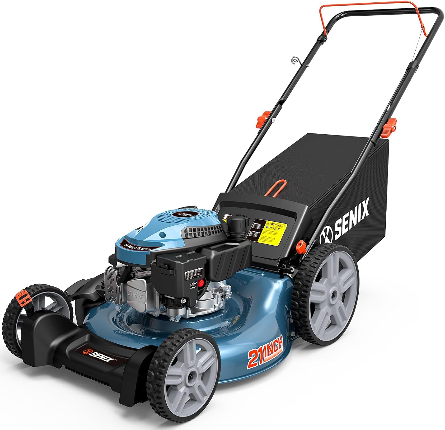SENIX 21-Inch Gas Lawn Mower, 144cc 4-Cycle Engine with 3.4 HP - 3-in-1 Side Discharge Mulching & Bagging for 1/3 Acre Yards, 6-Position Height Adjustment & 1.7 Bushel Grass Catcher