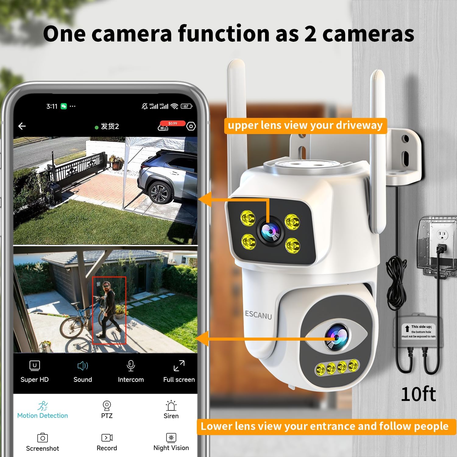 ESCANU Cameras for Home Security with Dual Lens, 2.4G/5G Outdoor Security Camera, WiFi Camera for Home Security, Color Night Vision, 2-Way Audio, Auto Tracking, 24/7 Continuous Recording