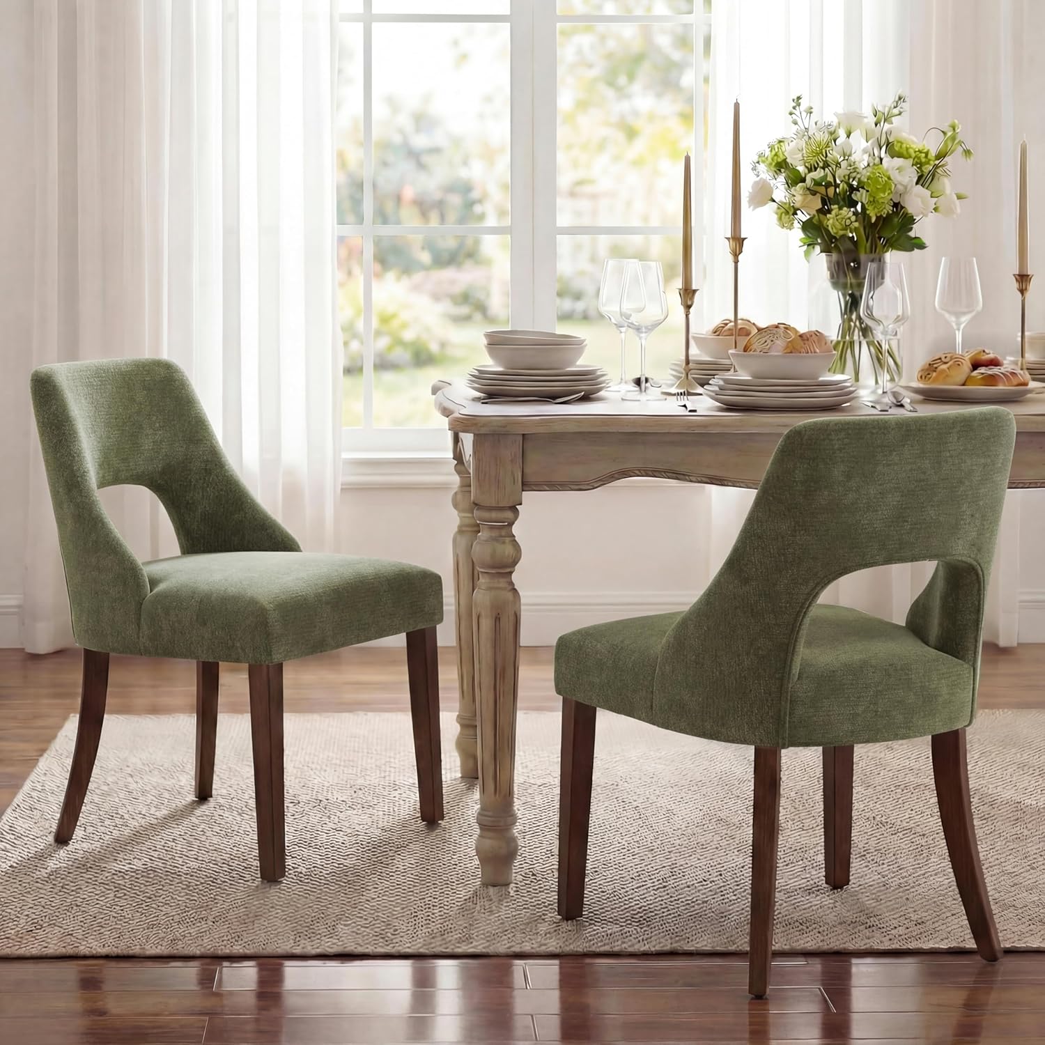 UVV Wooden Dining Chairs Set of 4, Mid Century Modern Chenille Upholstered Dining Room Chair Kitchen Chairs, Farmhouse Dinner Chair with Solid Wood Legs for Kitchen Dining Room, Green