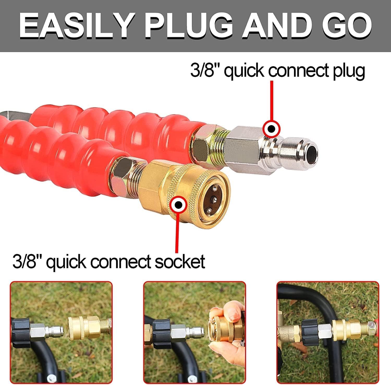 3/8'' Pressure Washer Hose 150 FT, Hot and Cold Water Power Washer Hose Max 248°F, 3/8 Quick Connect Commercial Industrial Grade Steel Wire Braided Kink Proof Extension Hose -4800 PSI