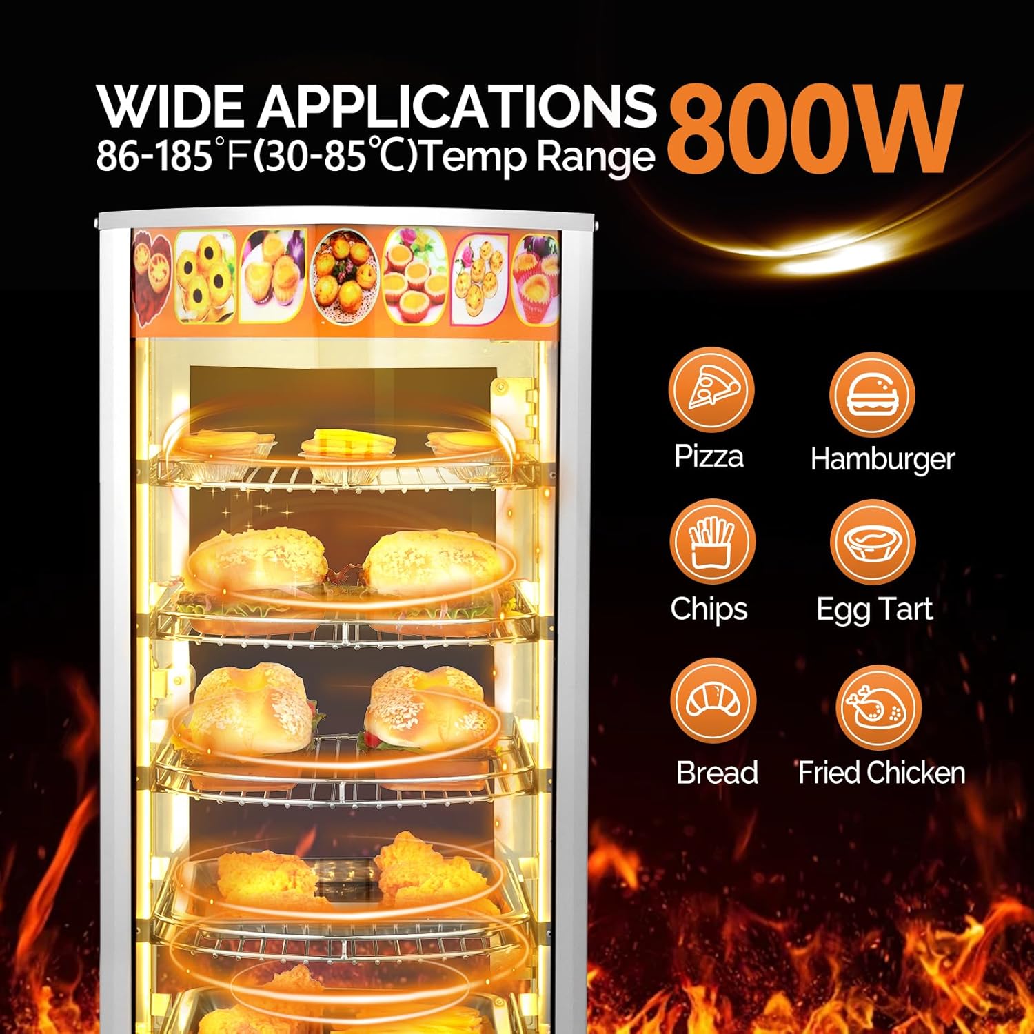 ROVSUN 5-Tier Commercial Food Warmer Pizza Warmer Countertop, Food Warmer Display with LED Lighting Removable Shelves Glass Door, Pretzel Warmer for Buffet Restaurant Cafe, 110V 800W
