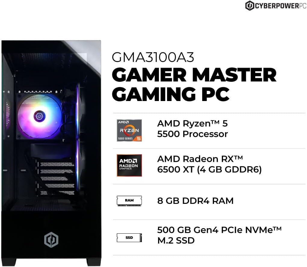 CyberPowerPC Gamer Master Gaming PC, AMD Ryzen 5 5500 3.6GHz, Radeon RX 6500 XT 4GB, 8GB DDR4, 500GB PCIe 4.0 SSD, WiFi Ready & Windows 11 Home (GMA3100A3)