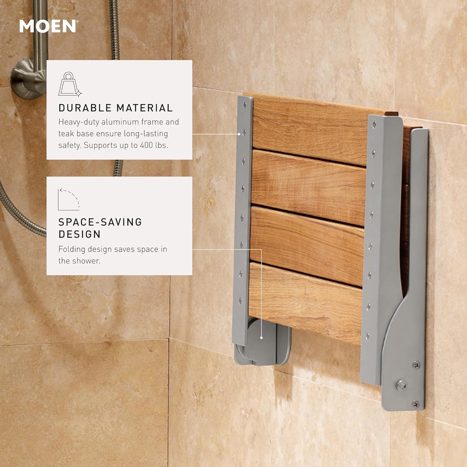 Moen Home Care Bathroom Safety Shower Chair for Elderly and Disabled, Stainless & Aluminum Foldable Teak Shower Bench, Handicap Accessories for Daily LIving, DN7110
