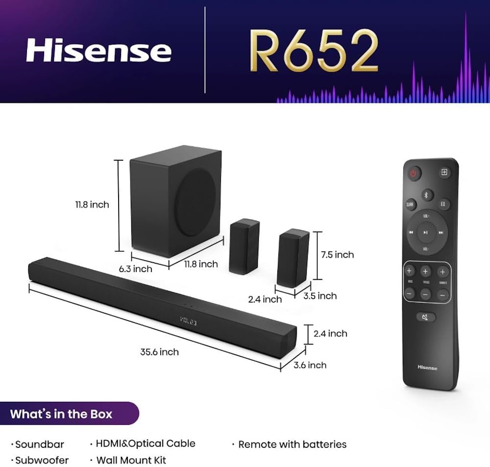 Hisense 5.1 Ch Soundbar with a Total of 440W Output, Rear Surround Speakers, 6.5” Wireless Subwoofer, Dolby Atmos and DTS Virtual X, Easy Connect - R652 (Renewed)
