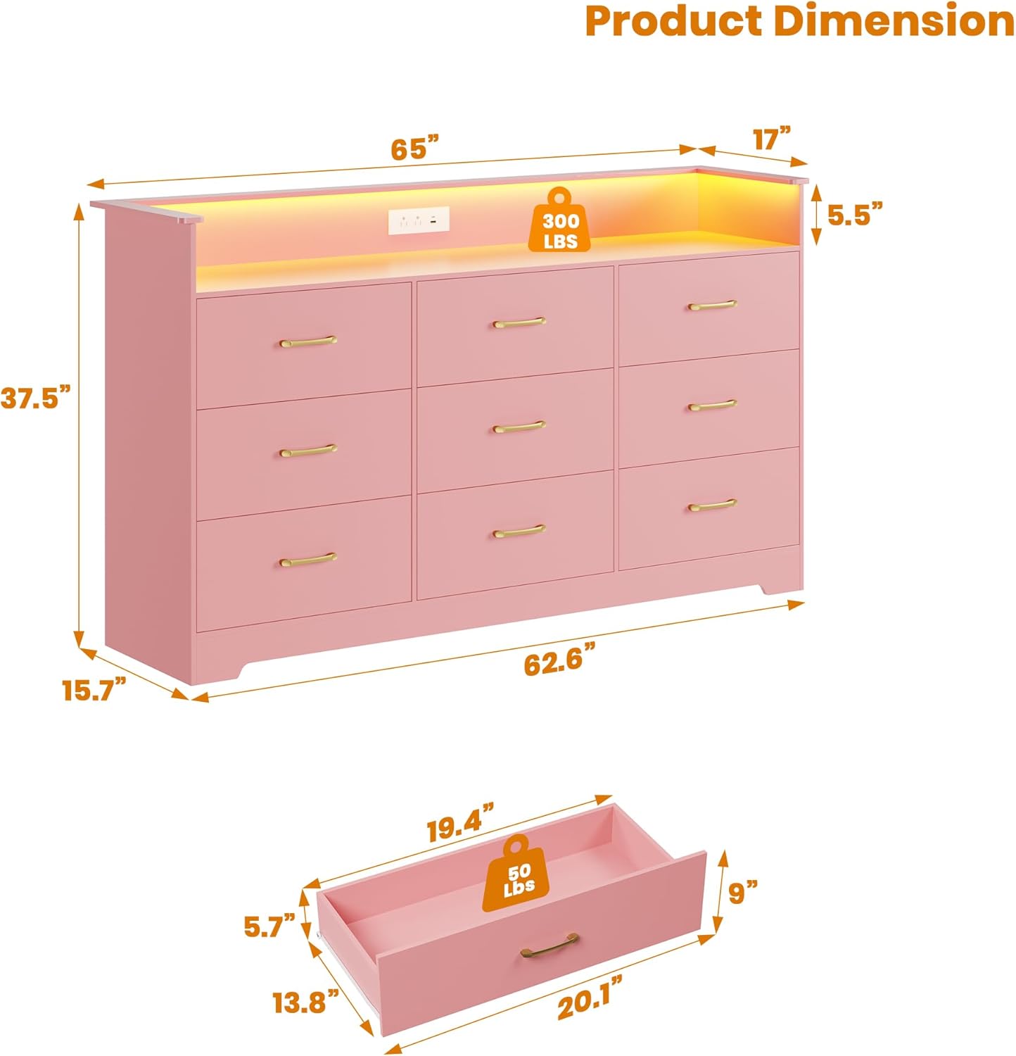 Garvee 9 Drawer Dresser for Bedroom - 65” Wide Chest of Drawers with LED Light and Charging Station, Modern Large TV Stand Cabinet Organizer with Open Shelf for Living Room, Entryway, Hallway, Pink