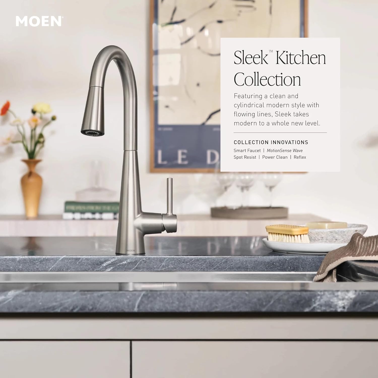 Moen Sleek Stainless Pulldown Kitchen Faucet, Modern Kitchen Faucet with One Handle High-Arc, Power Boost, Easy Installation and Spot Resist Finish, 5925SRS