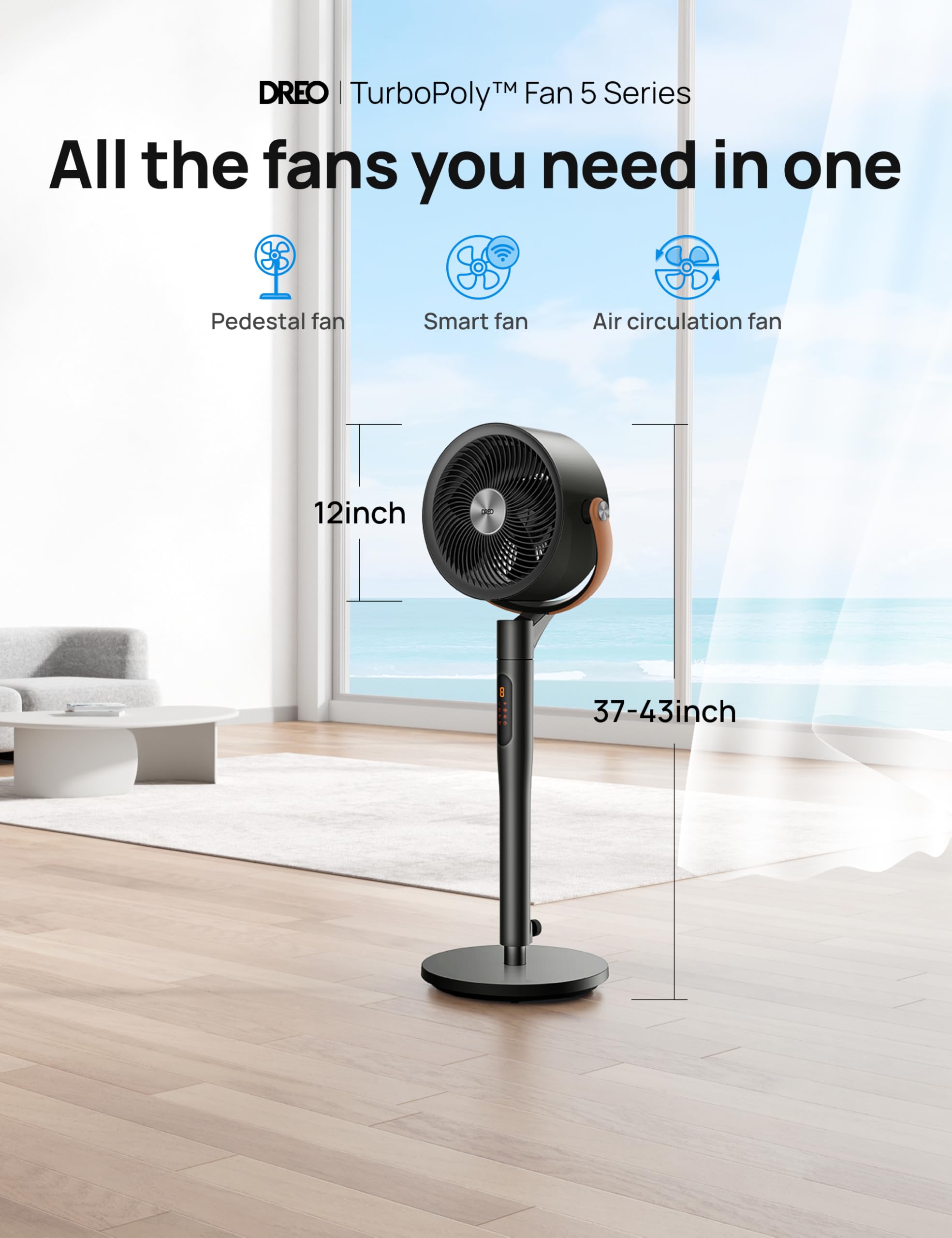 DREO Smart Fan for Bedroom - 120° Oscillating, Wi-Fi, Remote