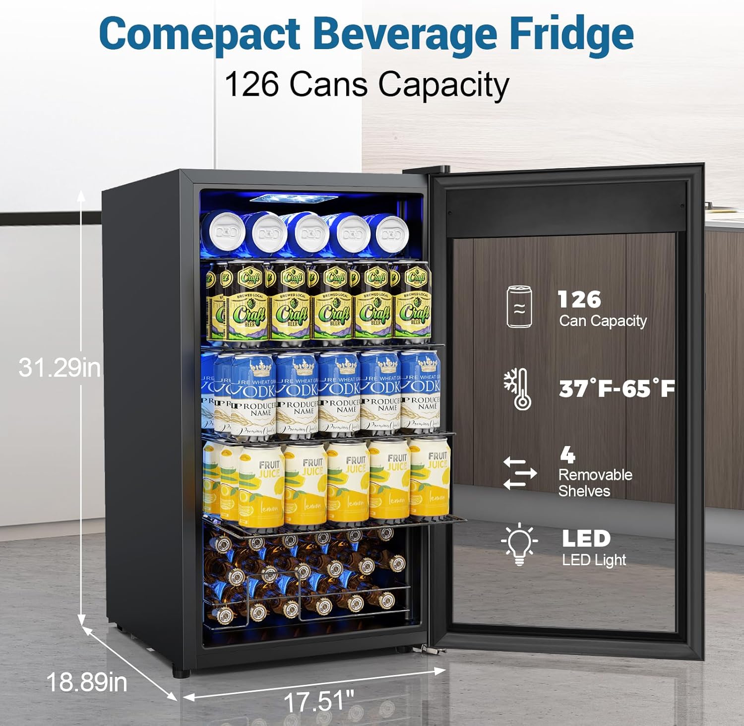 Velivi Mini Fridge 3.2 Cu.Ft Small Beverage Refrigerator 126 Can Lockable Drink Cooler with Glass Door, Safety Lock, for Beer Soda Black