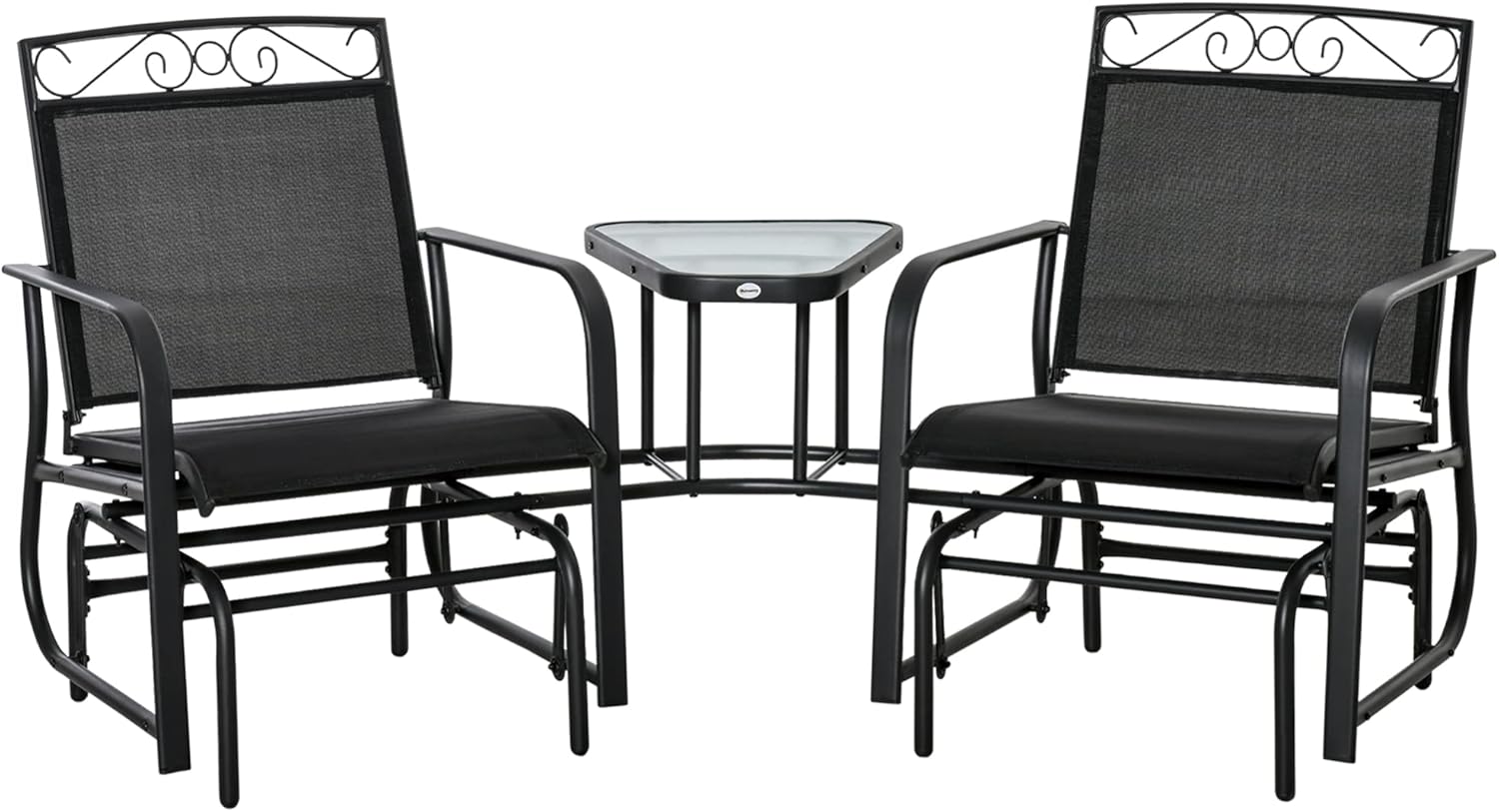 Outsunny Outdoor Glider Chairs with Coffee Table, Patio 2-Seat Rocking Chair Swing with Breathable Sling for Backyard, Garden and Porch, Black