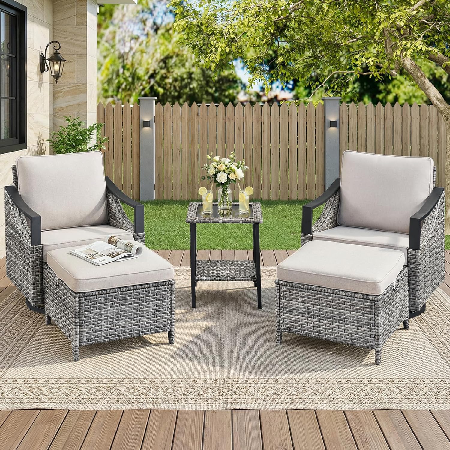 5 Pieces Wicker Outdoor Patio Furniture Set-All-Weather Wicker Patio Swivel Glider Chairs with 2 Ottoman and Glass Side Table, Outdoor Patio Conversation Sets for Porch Balcony Deck Beige/Grey
