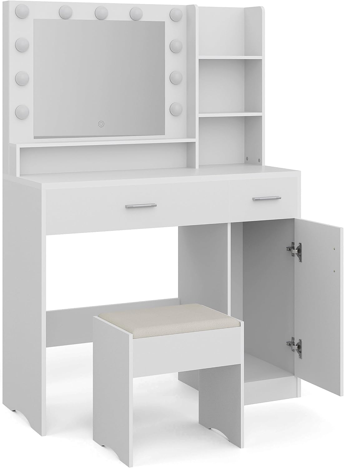 Kurapika Vanity Desk Set with Large Mirror and Storage Stool, Makeup Table with 3 Lighting Modes Brightness Adjustable, 2 Drawers, Cabinet and Open Shelves for Modern Bedroom (White)