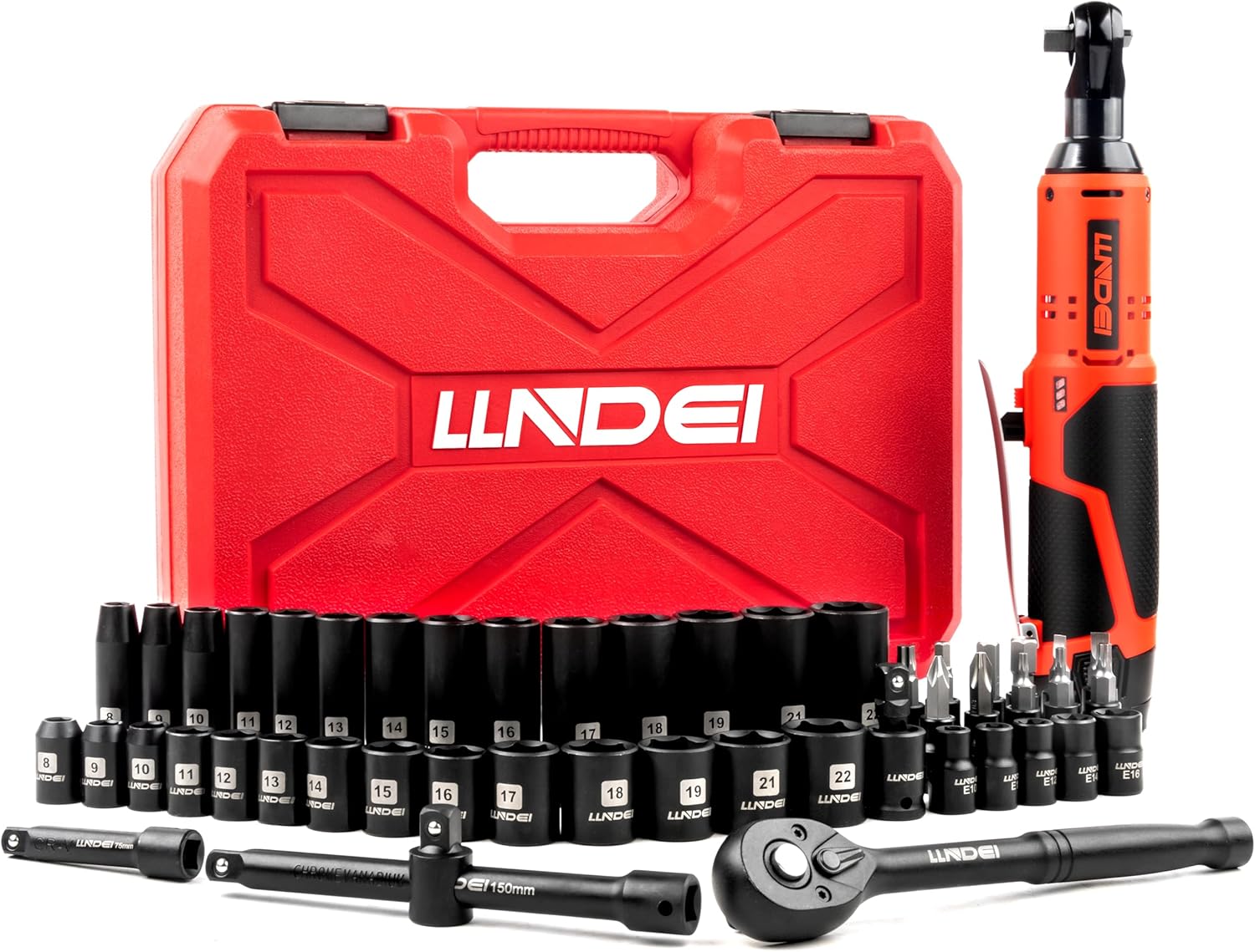 LLNDEI Cordless Electric Ratchet Wrench Set with Socket Set, 3/8