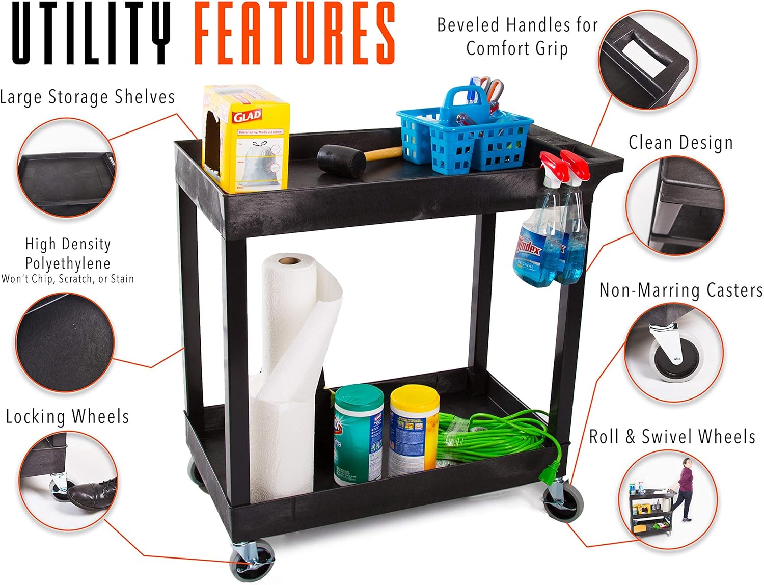 Stand Steady Original Tubstr 2 Shelf Utility Cart/Service Cart Supports up to 400 lbs. - Heavy-Duty Storage Cart for Garage, Warehouse, Kitchens, Plastic Tub Carts with Deep Shelves (Black, 32 x 18)