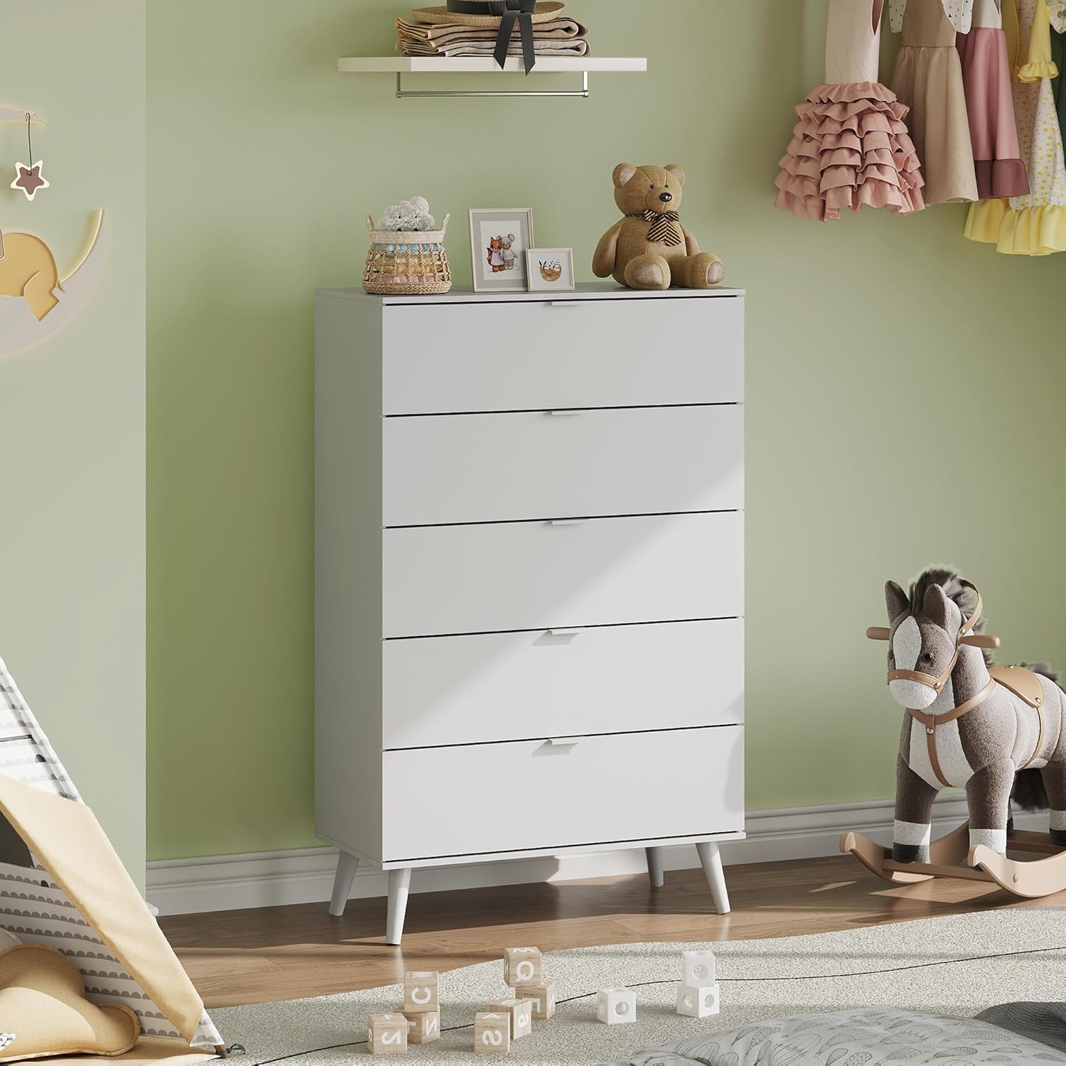 WLIVE 5 Drawer Dresser for Bedroom, Tall Wooden Dresser, White Dressers Storage Organizer with Sturdy Metal Handle, Chest of Drawers for Living Room, Hallway, Closet